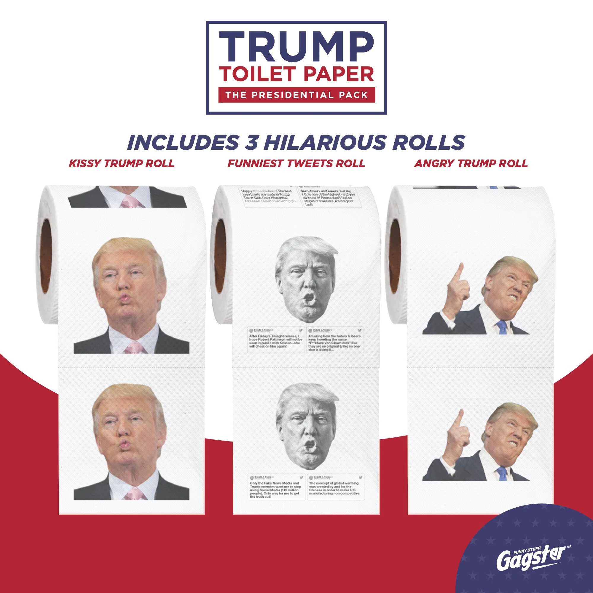 Gagster Donald Trump Toilet Paper - 3 Ply Funny Novelty Gag, 200 Sheets, Prank Gift Pack (2 Rolls Trump Images, 1 Roll Funniest Tweets) 3-pack - Image 9