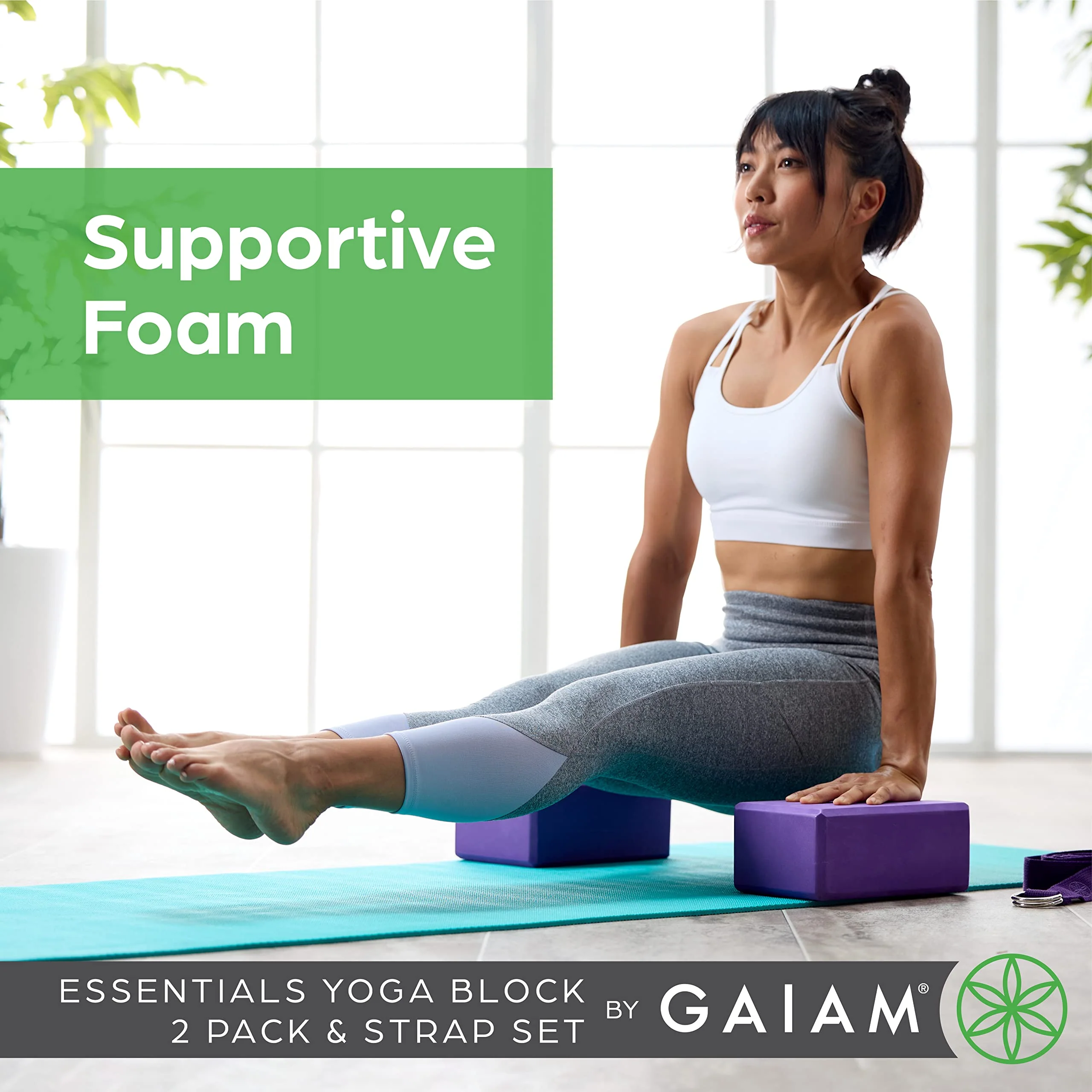 Gaiam Essentials Yoga Block 2 Pack & Yoga Strap Set, Deep Purple, 9" W x 6" H x 4" D - Image 6