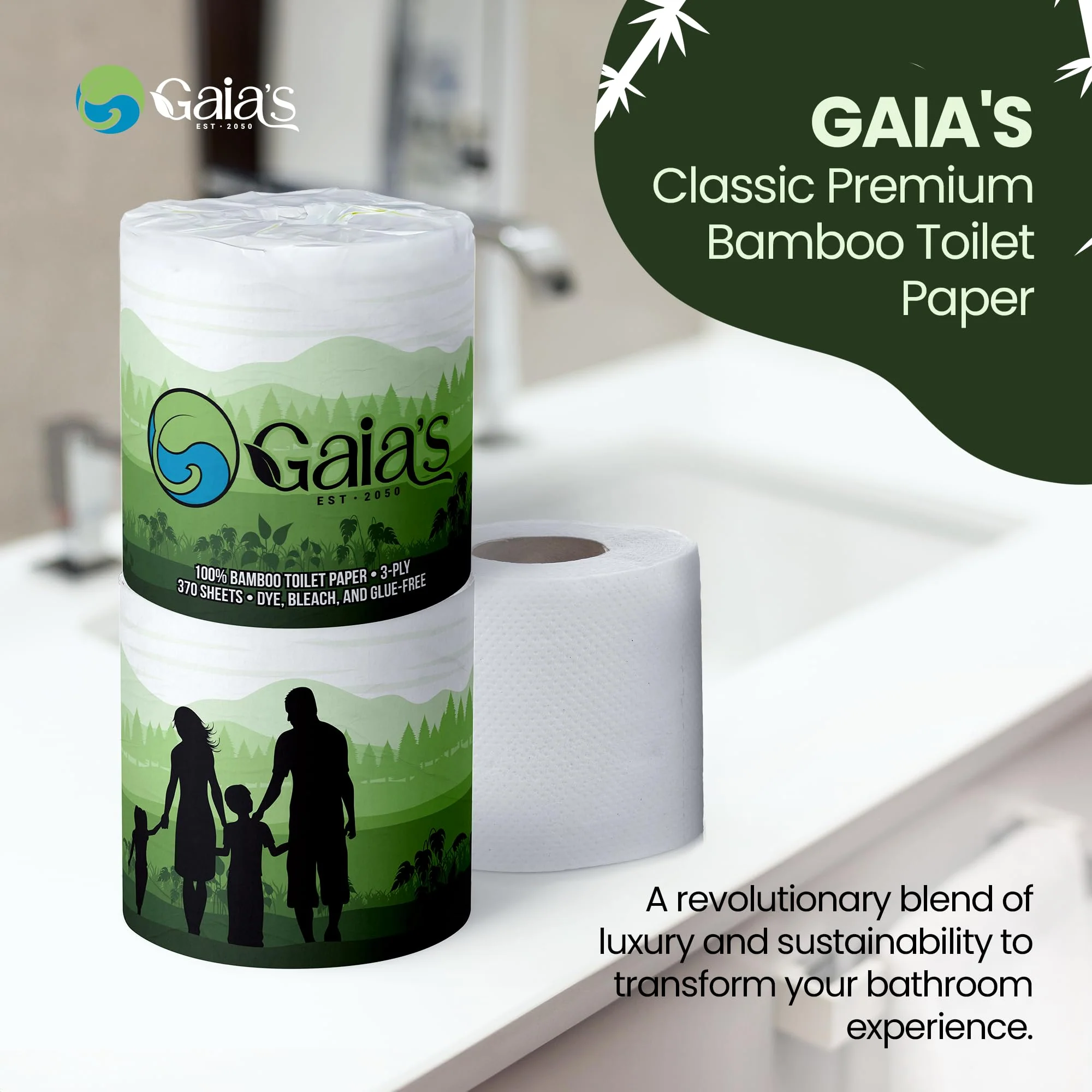 Gaias Premium and Soft Organic Bamboo Toilet Paper | 24 Mega Rolls, 3 Ply, 370 Sheets | FSC Certified, PFAS & BPA Free, Eco-Friendly, Sustainable Tissue - Plastic Free, Septic Safe, Vegan - Image 3