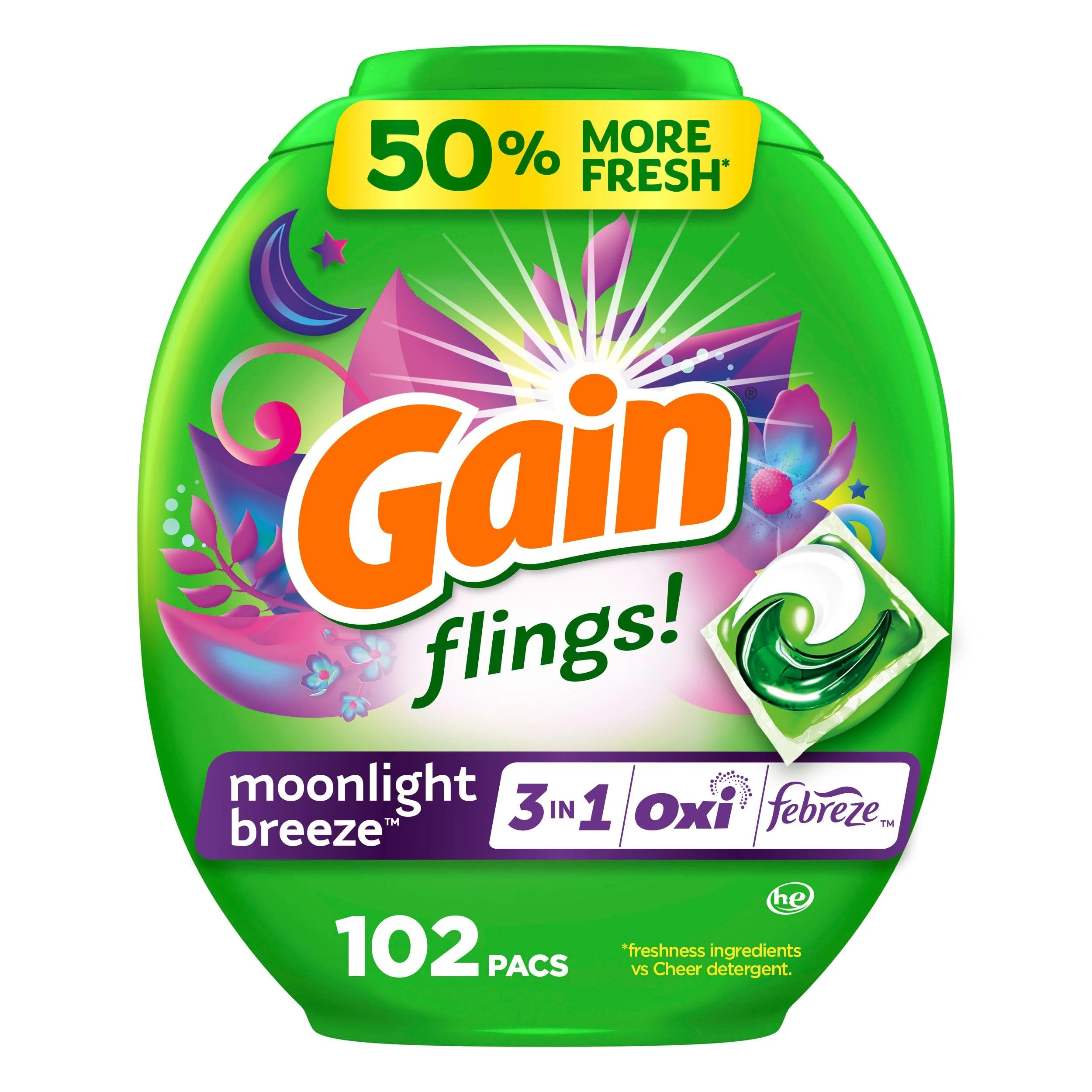 Gain Flings Laundry Detergent Pacs, 102 Count, Moonlight Breeze Scent, with Odor Defense, concentrated laundry soap pacs