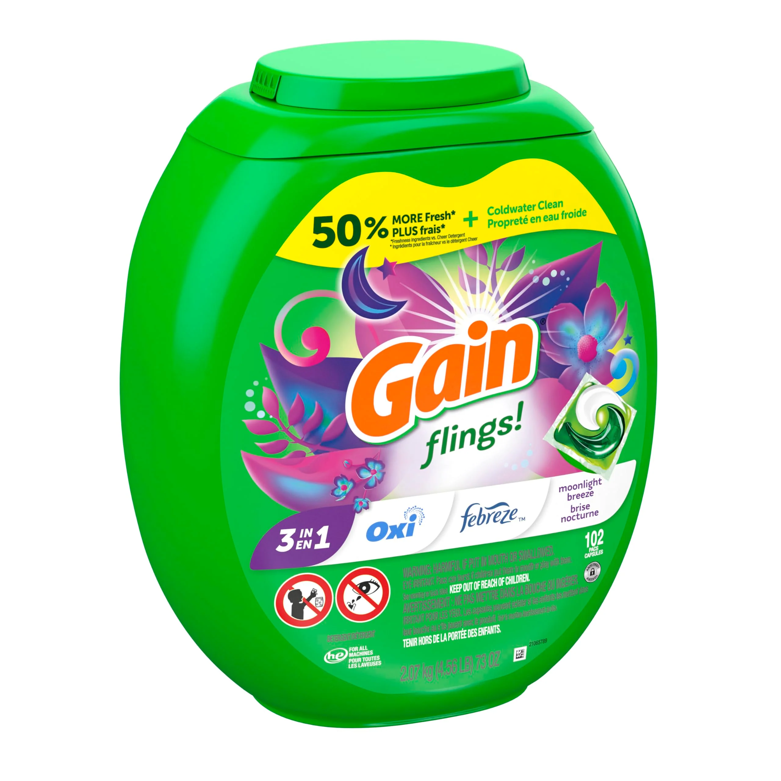 Gain Flings Laundry Detergent Pacs, 102 Count, Moonlight Breeze Scent, with Odor Defense, concentrated laundry soap pacs - Image 4