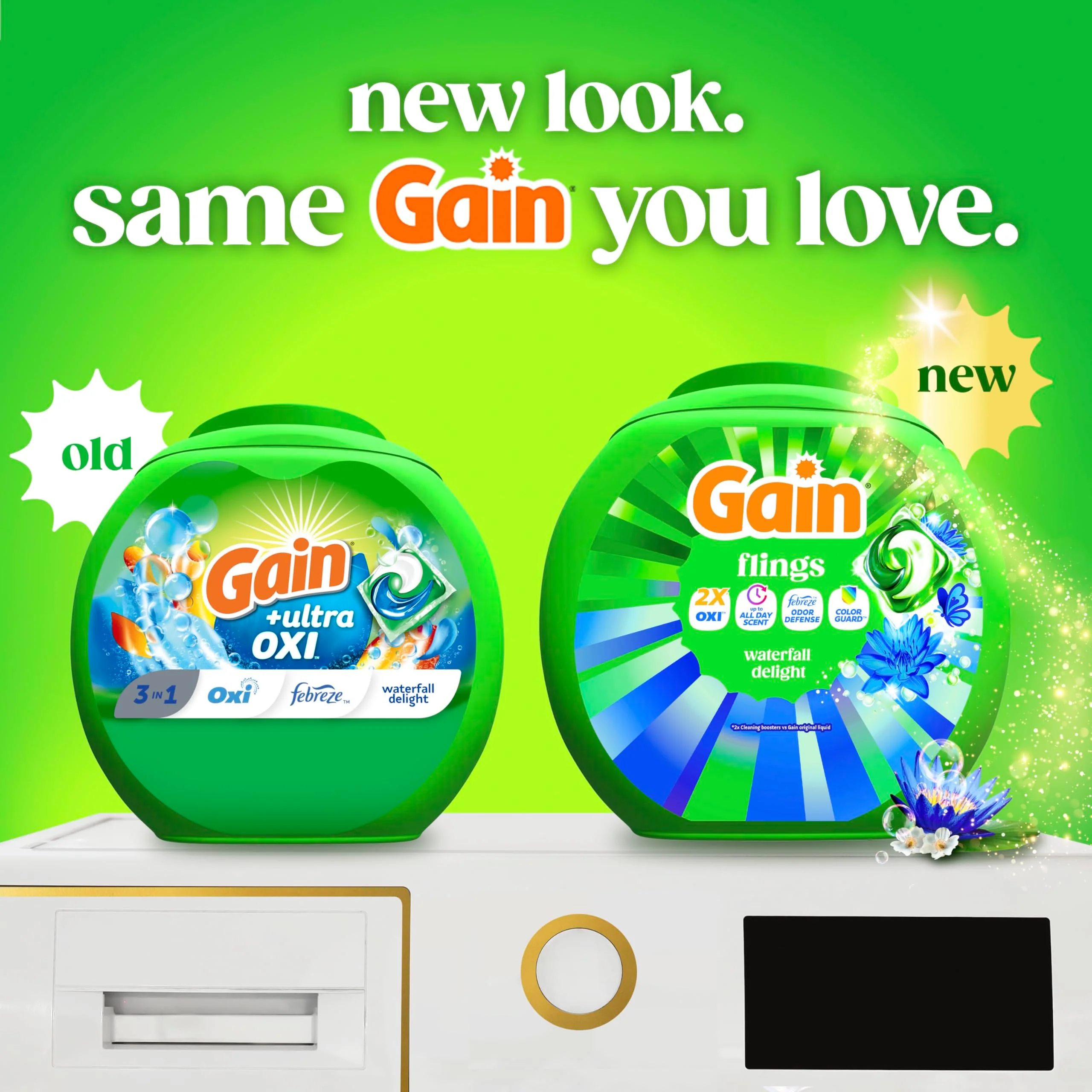 Gain Flings Liquid Washing Detergent Pacs, Now with Odor Defense + Color Guard, Waterfall Delight Scent, 4-In-1 Liquid Laundry Detergent Pods, Clean & Fresh, 112 Count (Packaging May Vary) - Image 2