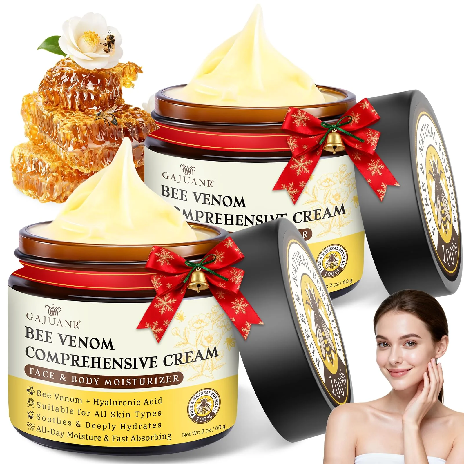 GAJUANR Bee Venom Moisturizing Cream, All-in-One Nourishing Moisturizer with Hyaluronic Acid, Firming & Hydrating Face and Body Cream, Natural Gentle Formula for All Skin Types (60g * 2PCS)