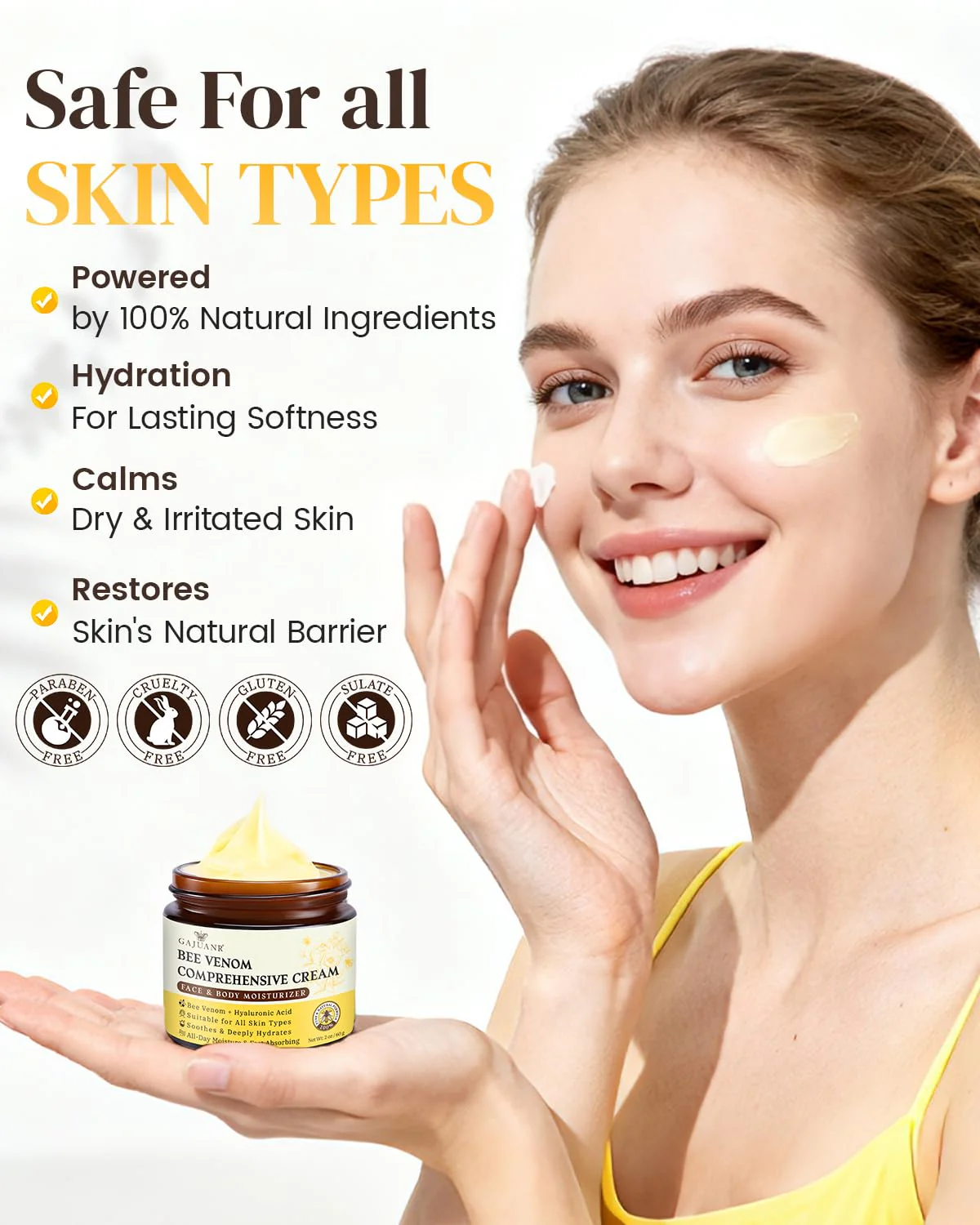 GAJUANR Bee Venom Moisturizing Cream, All-in-One Nourishing Moisturizer with Hyaluronic Acid, Firming & Hydrating Face and Body Cream, Natural Gentle Formula for All Skin Types (60g * 2PCS) - Image 3