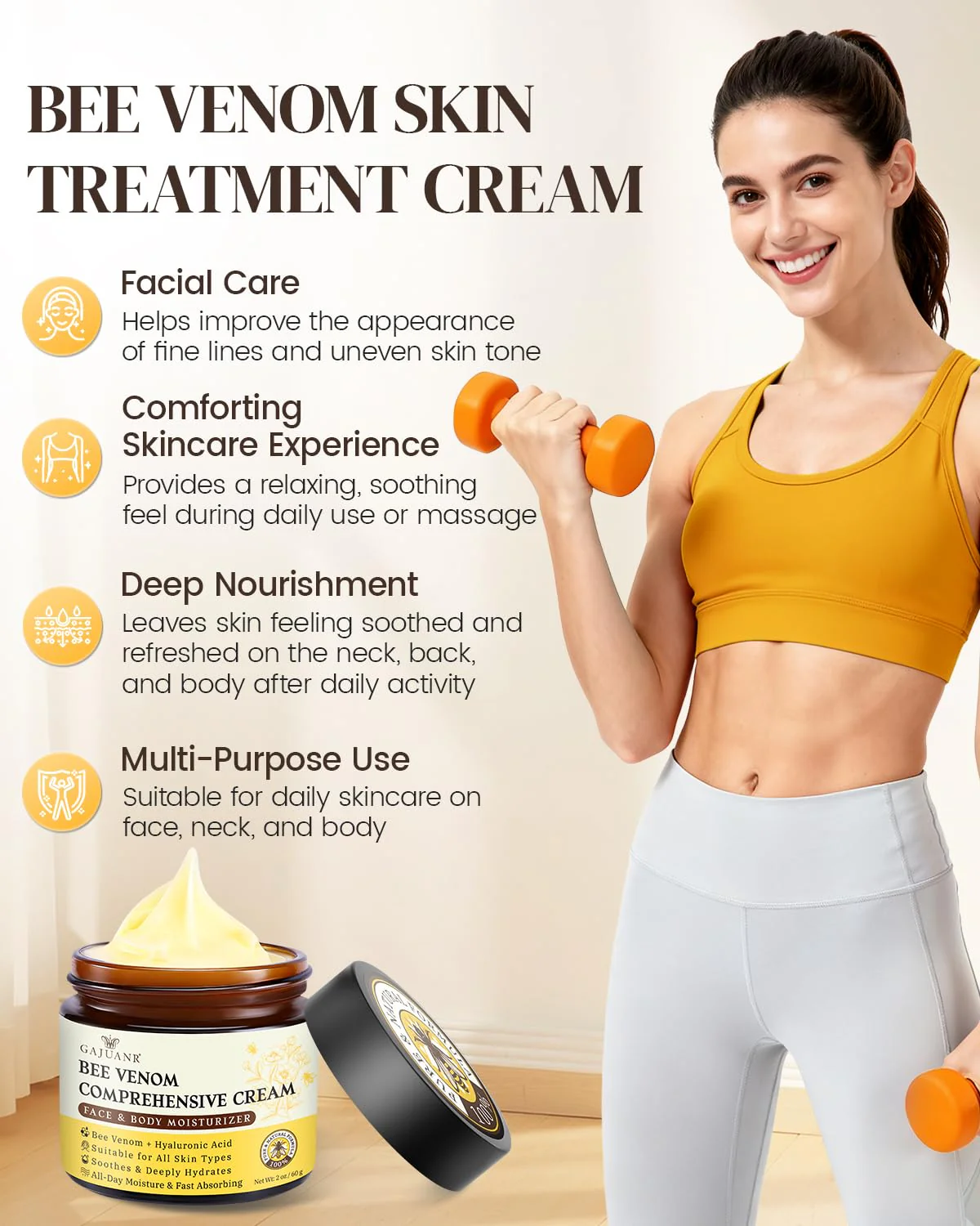 GAJUANR Bee Venom Moisturizing Cream, All-in-One Nourishing Moisturizer with Hyaluronic Acid, Firming & Hydrating Face and Body Cream, Natural Gentle Formula for All Skin Types (60g * 2PCS) - Image 8