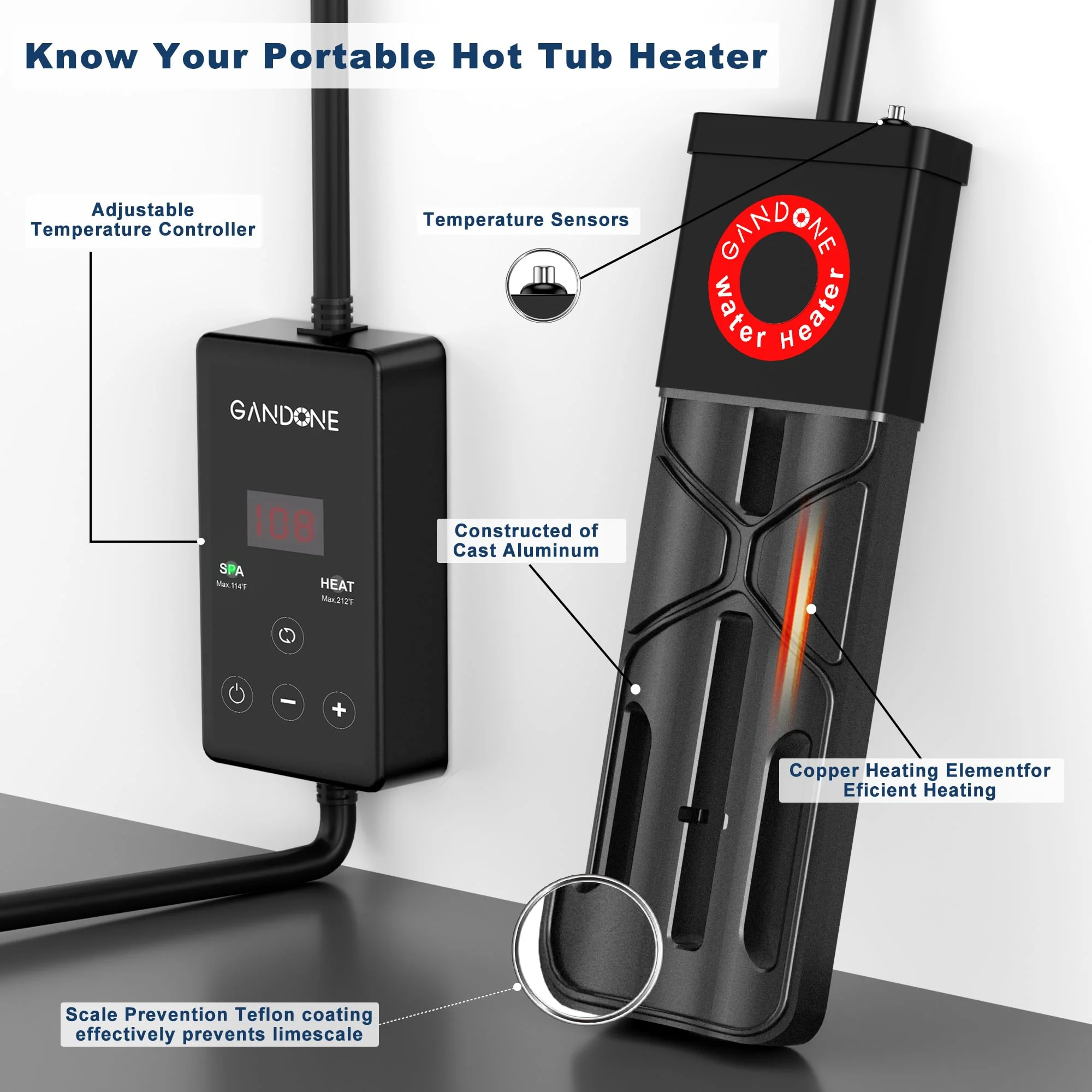 GANDONE Dual Spa Water Heater, Portable Hot Tub Immersion Water Heater Cast Aluminum Submergible mit Temperature Sensor and Digital Display for Bathtub - Image 3