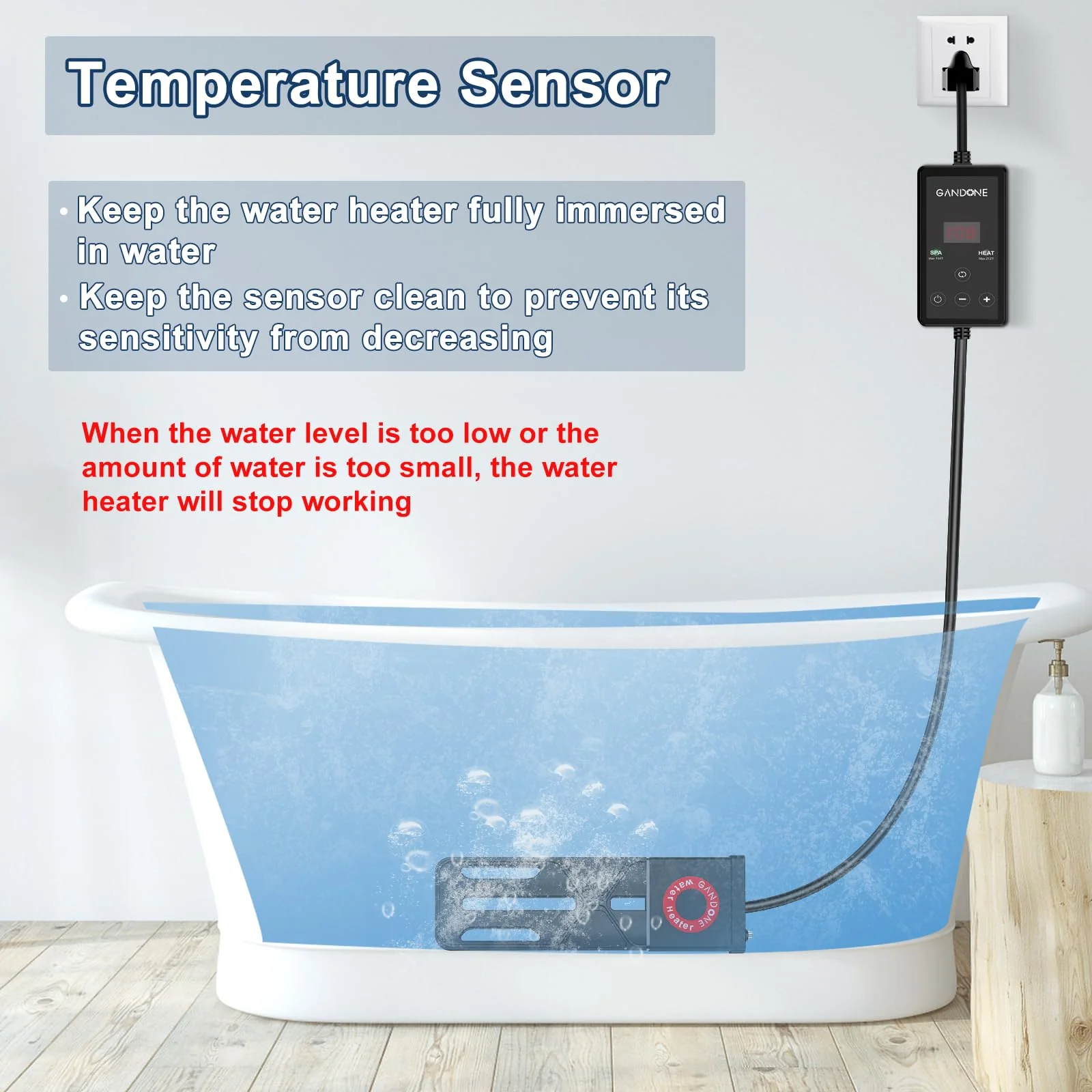 GANDONE Dual Spa Water Heater, Portable Hot Tub Immersion Water Heater Cast Aluminum Submergible mit Temperature Sensor and Digital Display for Bathtub - Image 4
