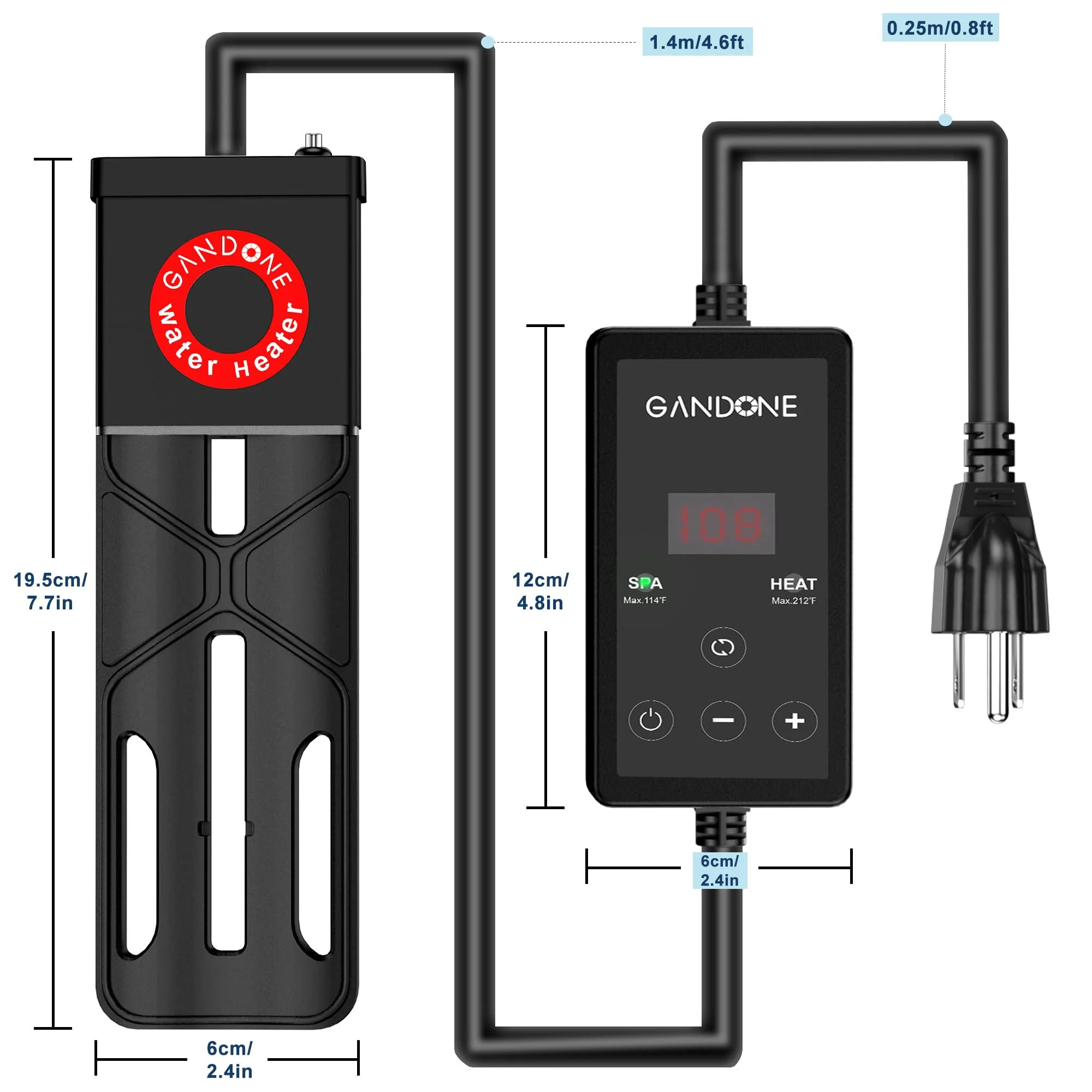 GANDONE Dual Spa Water Heater, Portable Hot Tub Immersion Water Heater Cast Aluminum Submergible mit Temperature Sensor and Digital Display for Bathtub - Image 5