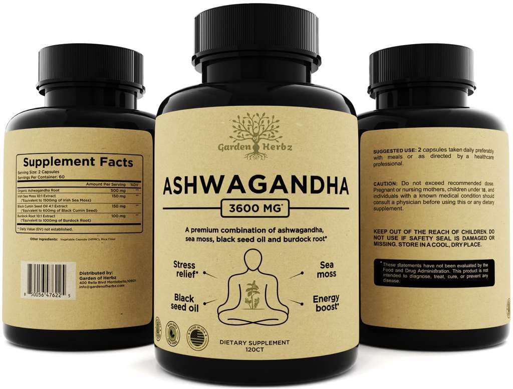 Garden of Herbz Organic Ashwagandha Root & Irish Sea Moss – 3,600 mg Ashwagandha Supplement with Black Seed Oil, & Burdock Root – Herbal Supplement for Energy, Calm, Mood, & Wellness, 120 Caps - Image 3