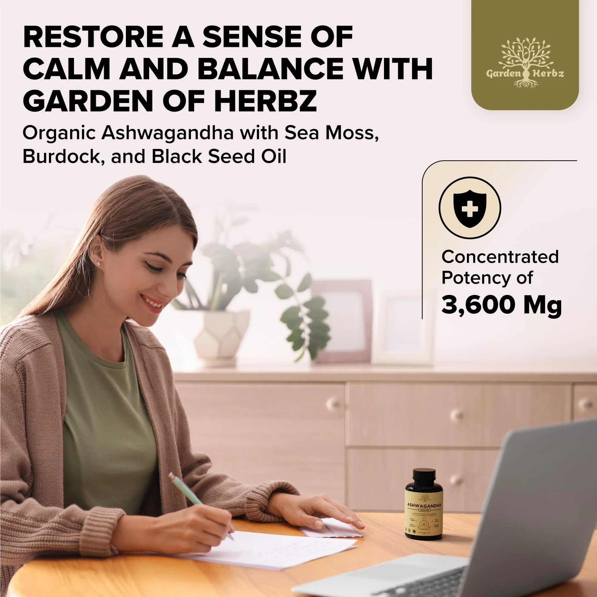 Garden of Herbz Organic Ashwagandha Root & Irish Sea Moss – 3,600 mg Ashwagandha Supplement with Black Seed Oil, & Burdock Root – Herbal Supplement for Energy, Calm, Mood, & Wellness, 120 Caps - Image 9