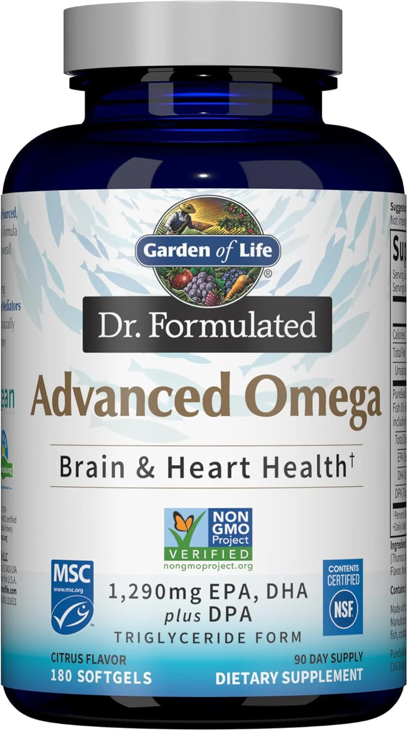 Garden of Life Dr. Formulated Advanced Omega Fish Oil, 1,290mg EPA DHA & DPA in Triglyceride Form - Omega 3 Fish Oil Supplement for Heart Health & Brain Support, Non-GMO, Citrus Flavored, 180 Softgels - Image 3