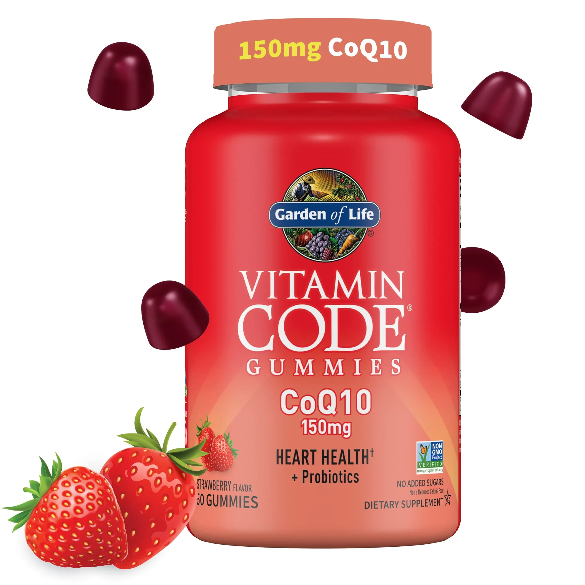 Garden of Life Vitamin Code CoQ10 Gummies 150 mg, Coenzyme Q10 for Heart Health, Energy Production & Healthy Aging + Prebiotics & Probiotics for Digestion, Non-GMO, Gluten-Free, 60 Strawberry Gummies