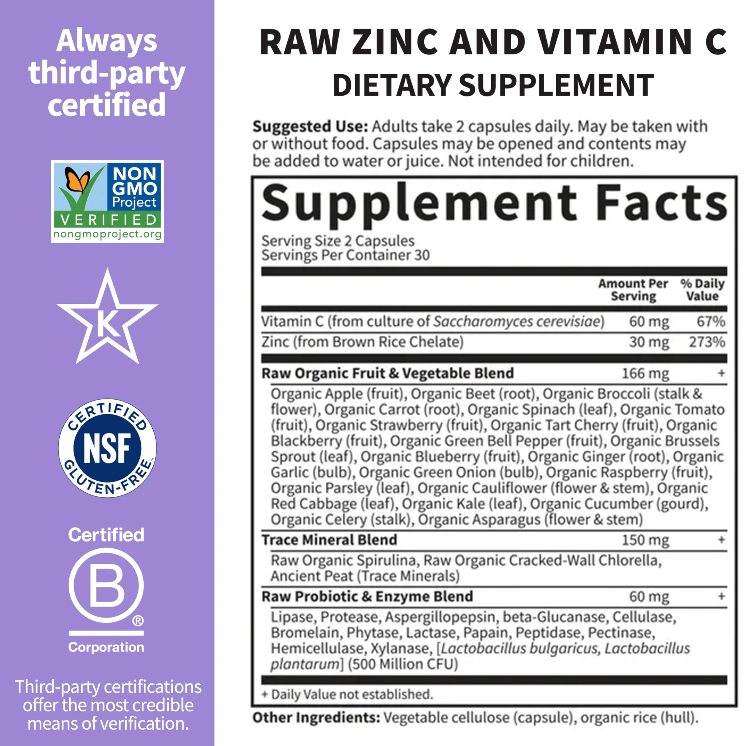 Garden of Life Zinc Supplements 30mg High Potency Raw Zinc and Vitamin C Multimineral Supplement, Vitamin Code Vitamins Trace Minerals & Probiotics for Skin Health & Immune Support, 60 Vegan Capsules - Image 5