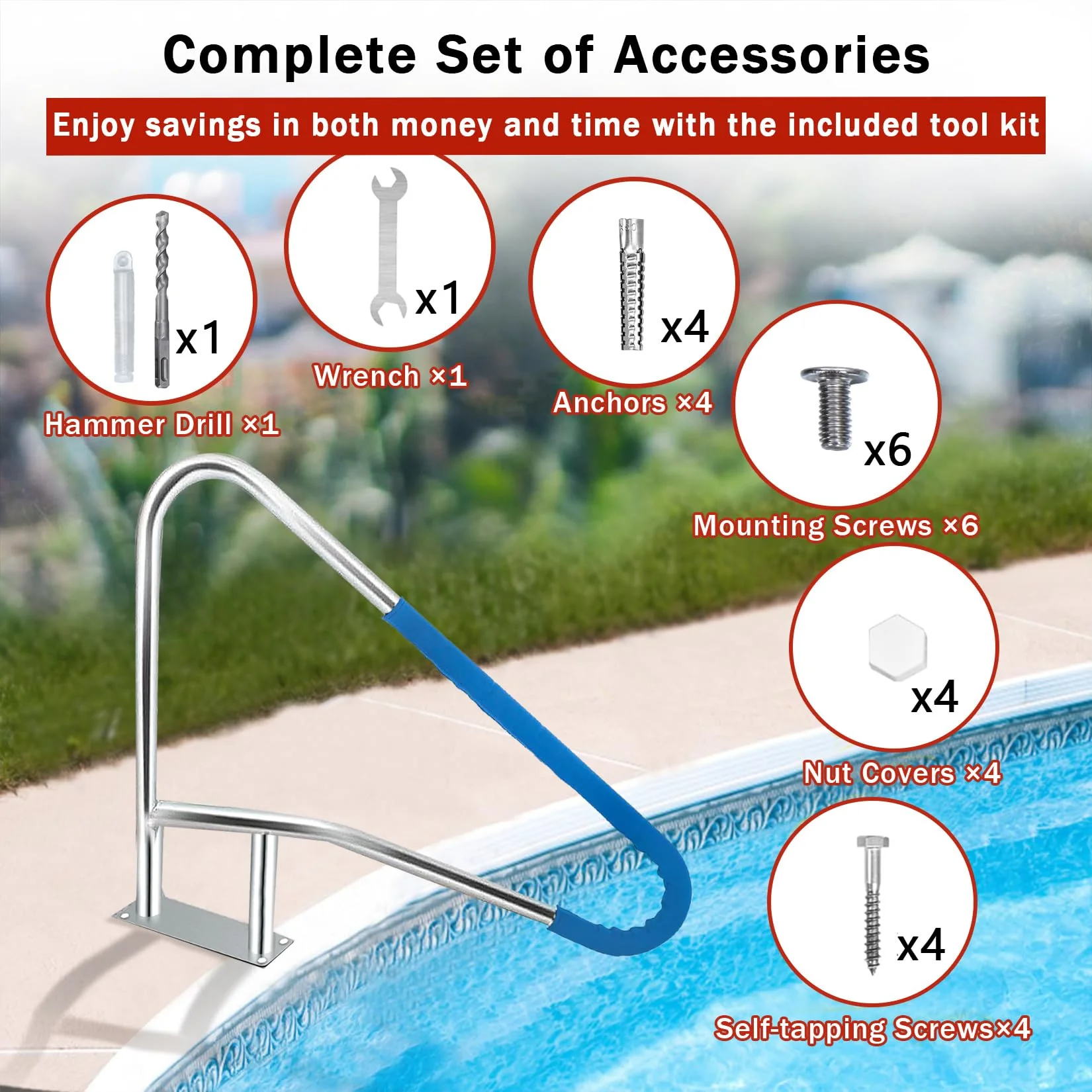 GarveeLife Pool Handrail, 55"x32" Pool Railings for Inground Pools, Swimming Pool Safety Handrails 375lbs Load Capacity, 304 Stainless Steel Pool Stair Rail with Grip Cover, Quick Mount Base Plate - Image 5
