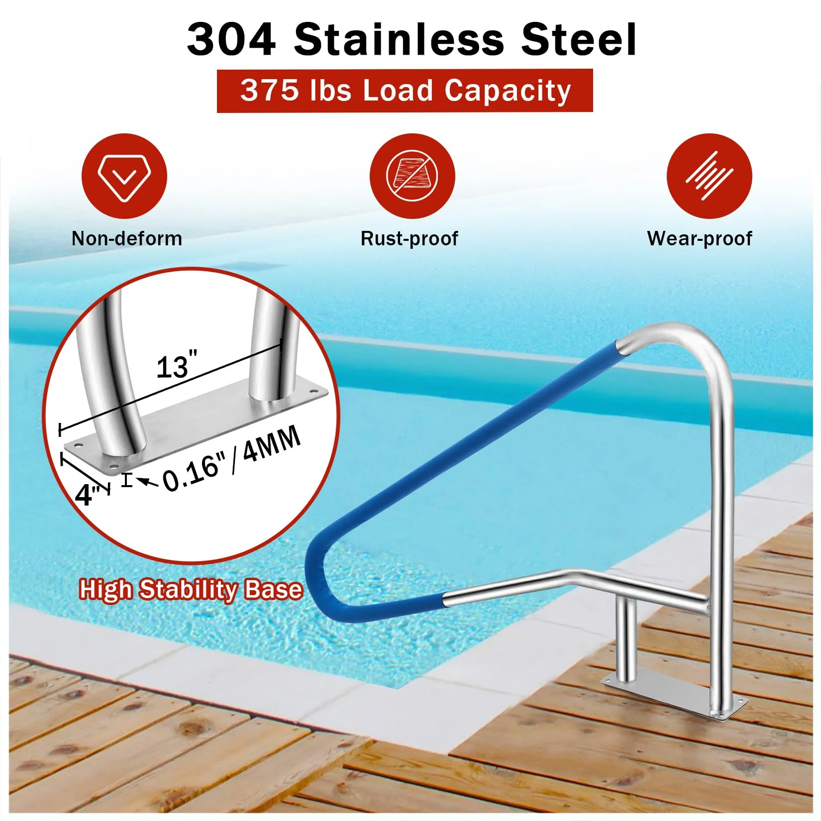 GarveeLife Pool Handrail, 55"x32" Pool Railings for Inground Pools, Swimming Pool Safety Handrails 375lbs Load Capacity, 304 Stainless Steel Pool Stair Rail with Grip Cover, Quick Mount Base Plate - Image 6