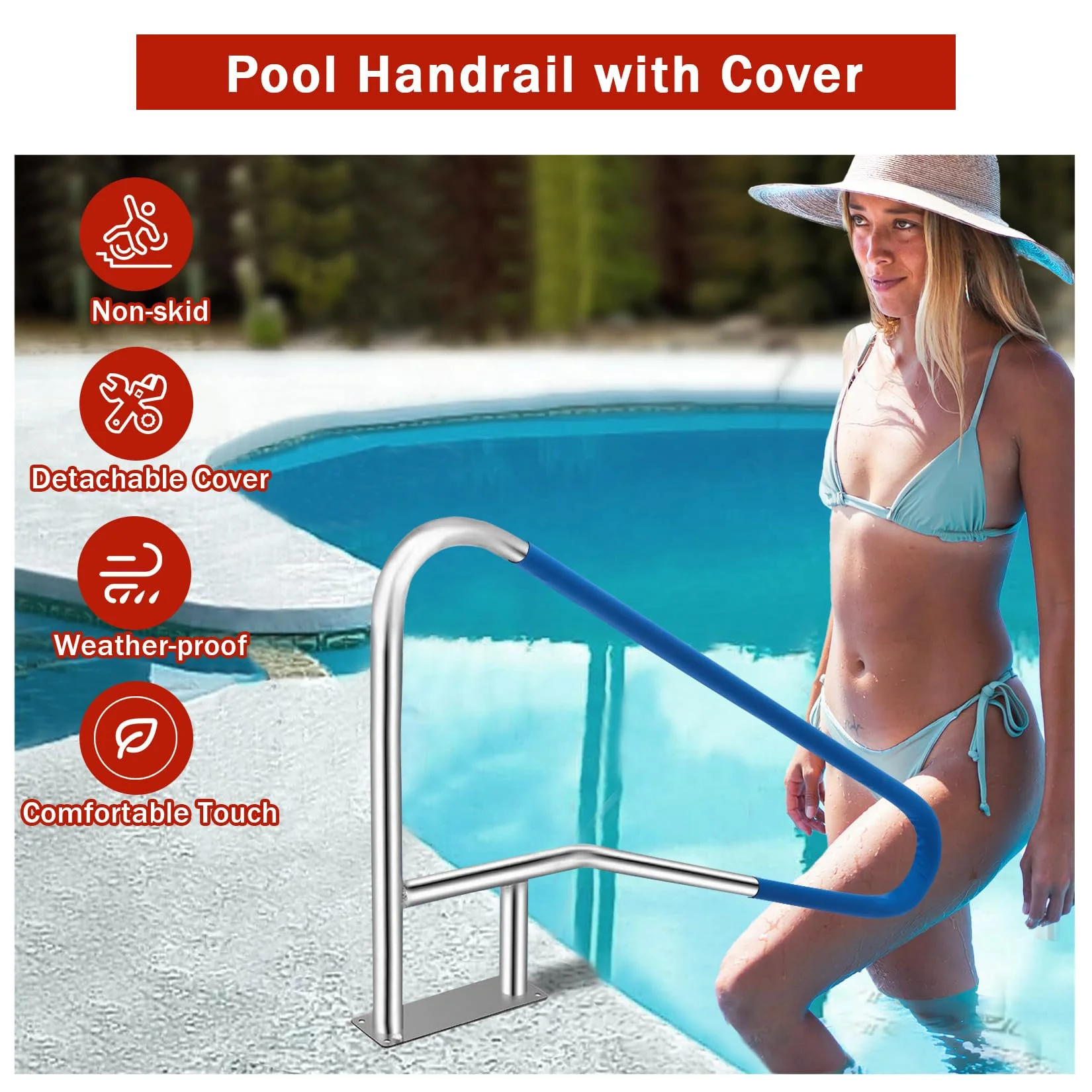 GarveeLife Pool Handrail, 55"x32" Pool Railings for Inground Pools, Swimming Pool Safety Handrails 375lbs Load Capacity, 304 Stainless Steel Pool Stair Rail with Grip Cover, Quick Mount Base Plate - Image 7