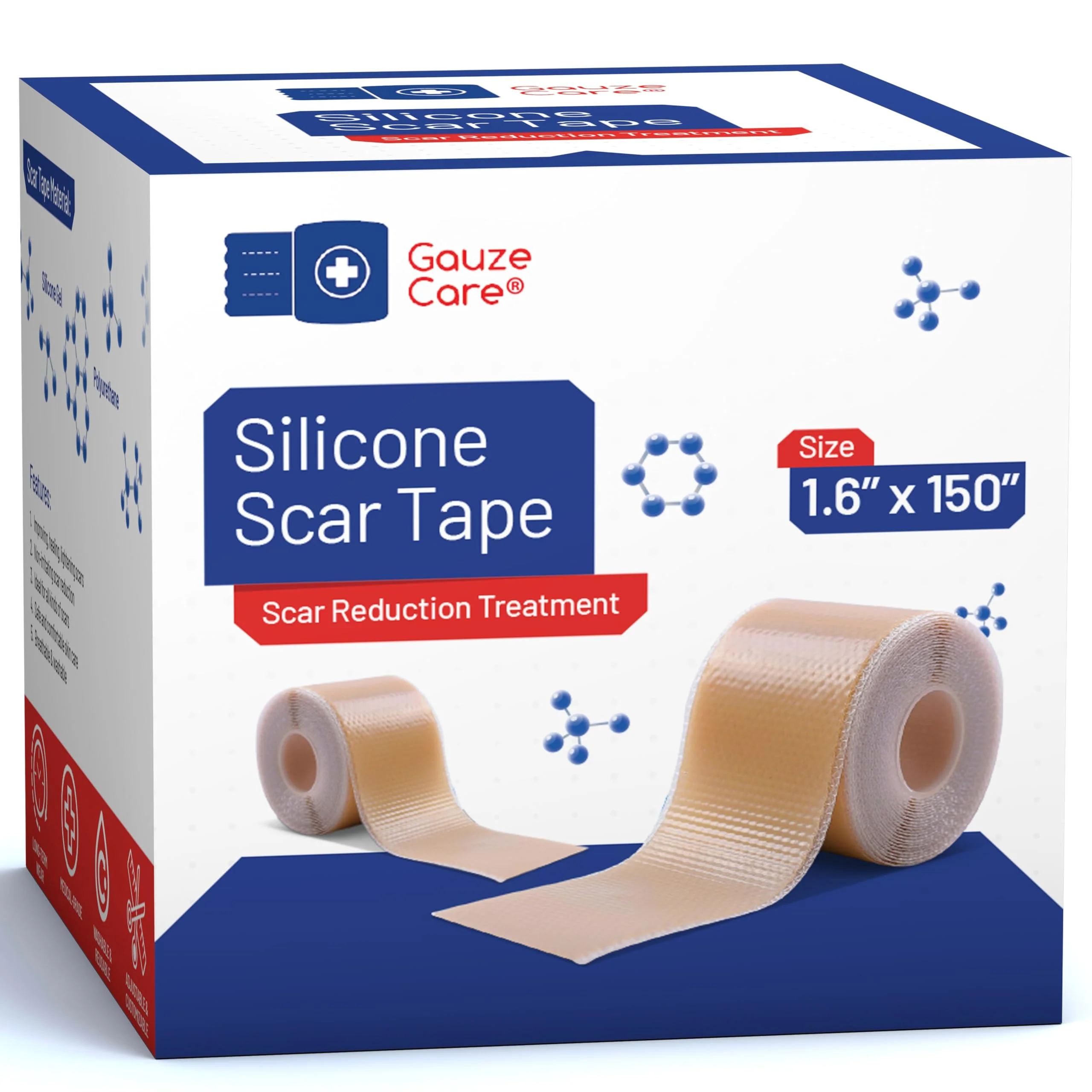 GauzeCare Silicone Scar Tape – 1.6”x150” Roll – Medical-Grade, Reusable, Professional Silicone Scar Tape for surgical scars, C-Section, Burns, Keloid, and Acne Scars