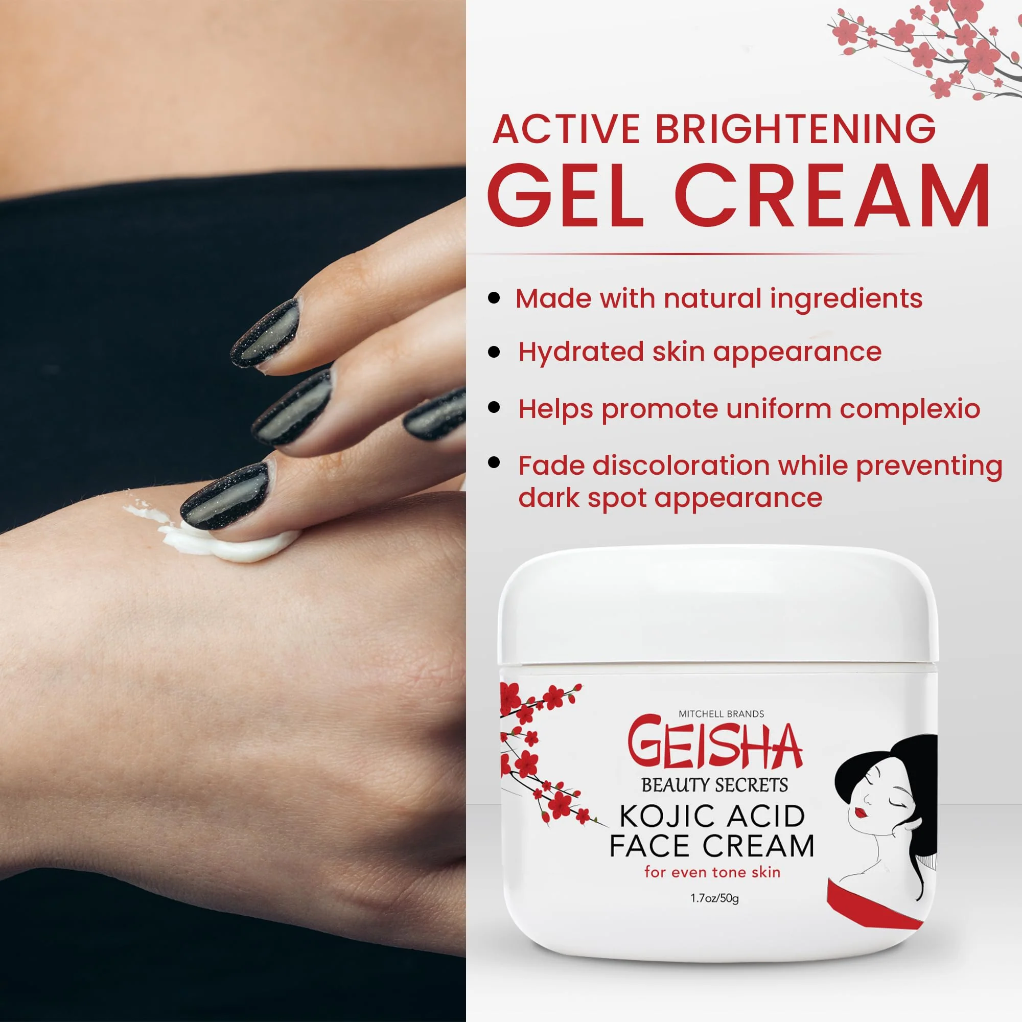 Geisha Kojic Acid Cream - 1.7 fl oz / 50 ml - Skin Brightening Cream for Face, Body, Hands - with Glycolic Acid - Image 3