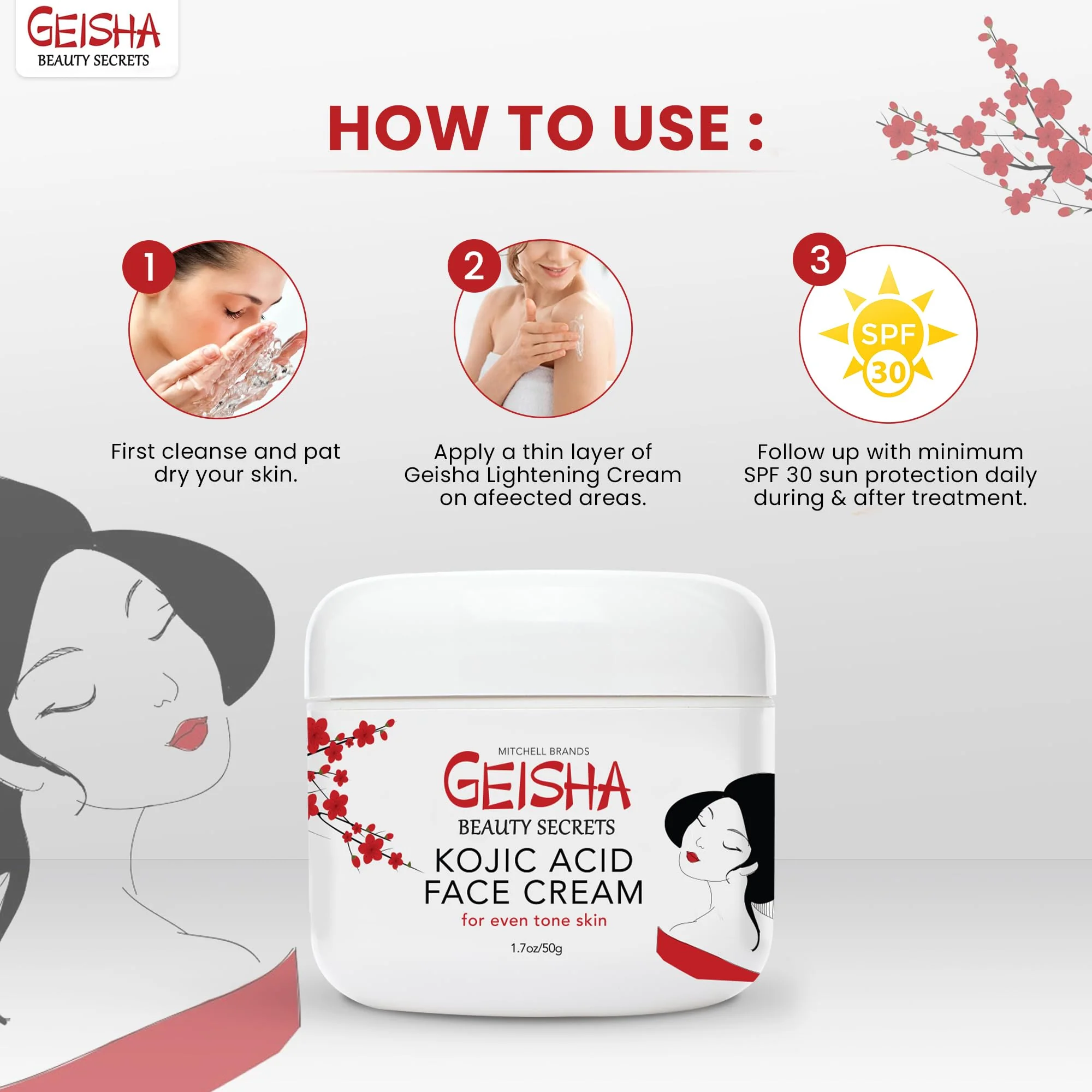 Geisha Kojic Acid Cream - 1.7 fl oz / 50 ml - Skin Brightening Cream for Face, Body, Hands - with Glycolic Acid - Image 7