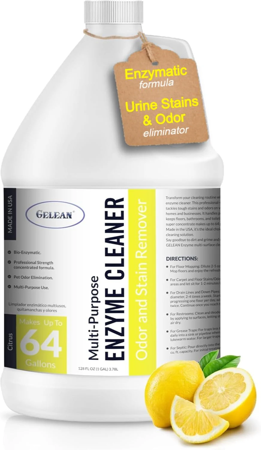 GELEAN Multi-Purpose Probiotic Enzyme Cleaner, (128 oz, Citrus) - Pet Stain and Odor Remover - Concentrated - Professional & Home Strength Drains, Floors, Bathrooms, Toilets Trash Can, Made in USA