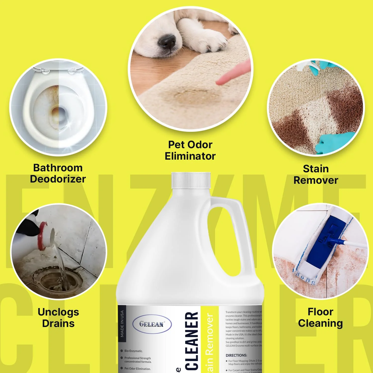 GELEAN Multi-Purpose Probiotic Enzyme Cleaner, (128 oz, Citrus) - Pet Stain and Odor Remover - Concentrated - Professional & Home Strength Drains, Floors, Bathrooms, Toilets Trash Can, Made in USA - Image 3