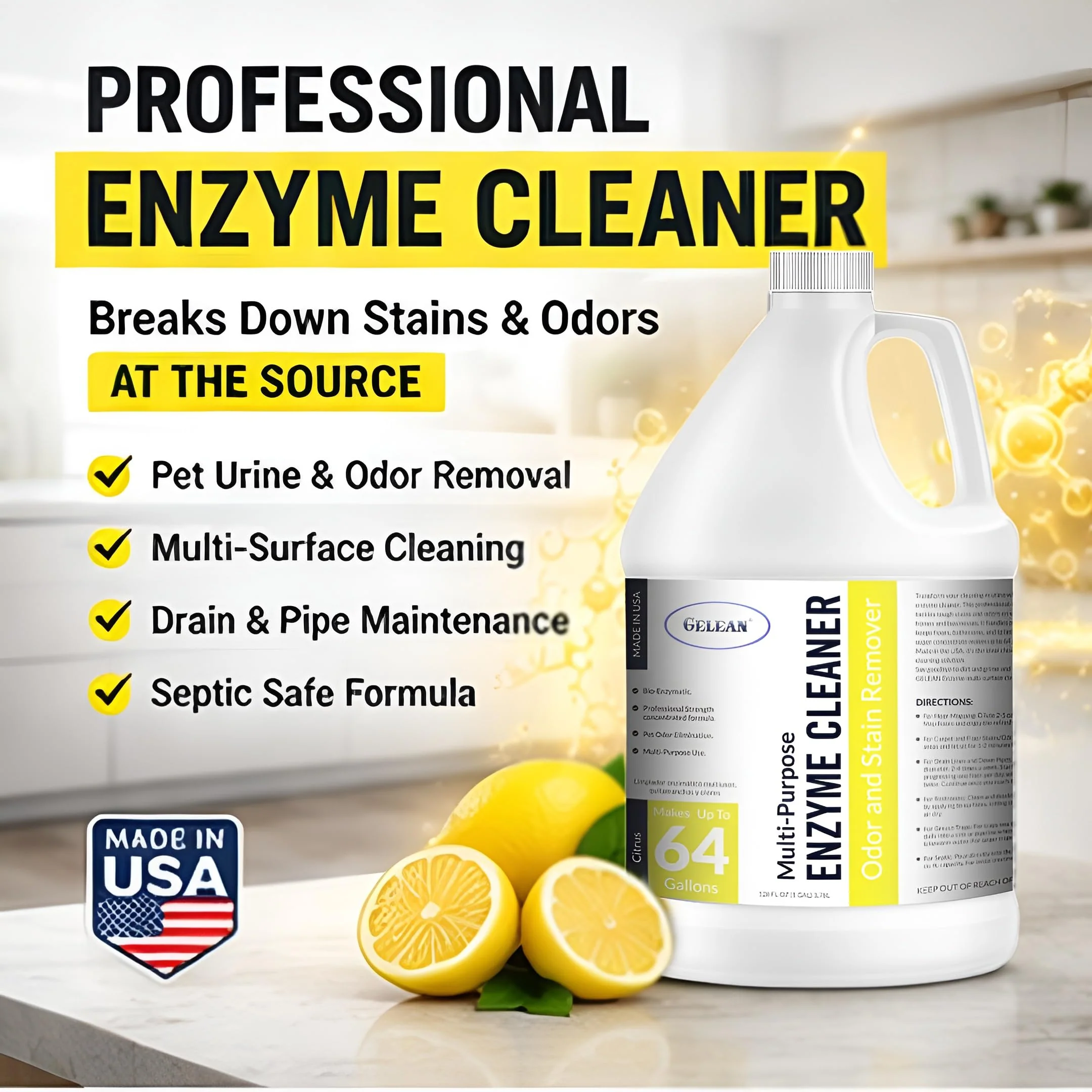 GELEAN Multi-Purpose Probiotic Enzyme Cleaner, (128 oz, Citrus) - Pet Stain and Odor Remover - Concentrated - Professional & Home Strength Drains, Floors, Bathrooms, Toilets Trash Can, Made in USA - Image 5