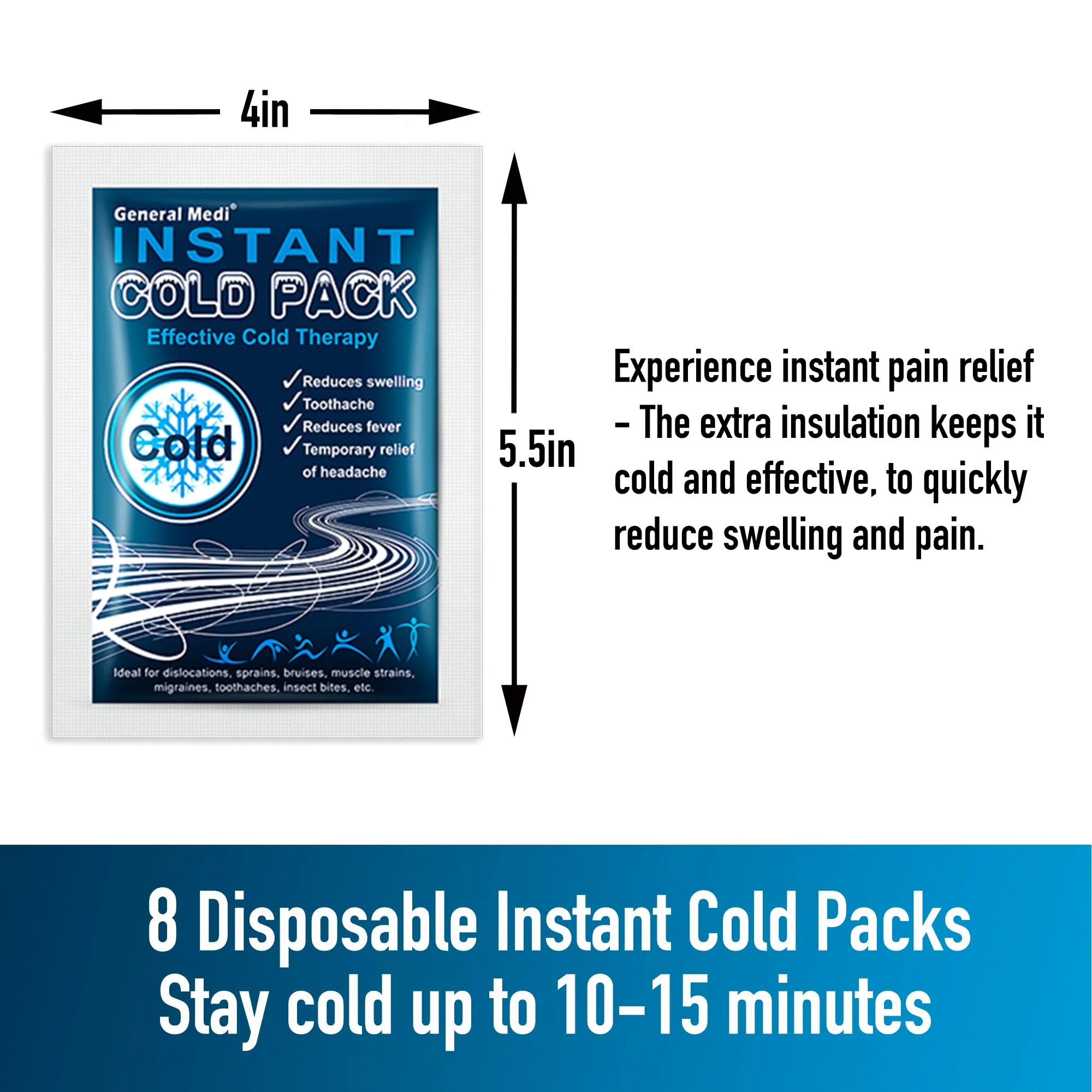 General Medi Instant Ice Cold Pack (4”x 5.5”) – 8 Packs Disposable Cold Therapy Ice Packs for Pain Relief, Swelling, Inflammation, Sprains, Toothache – for Athletes & Outdoor Activities - Image 2