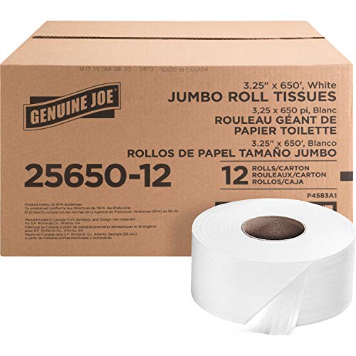 Genuine Joe Jumbo Roll Bath Tissue - 2-Ply White Toilet Paper, 3.3" x 650' per Roll, 12 Count Bulk Pack, Recycled Fiber, Commercial Grade for Dispensers - Image 12