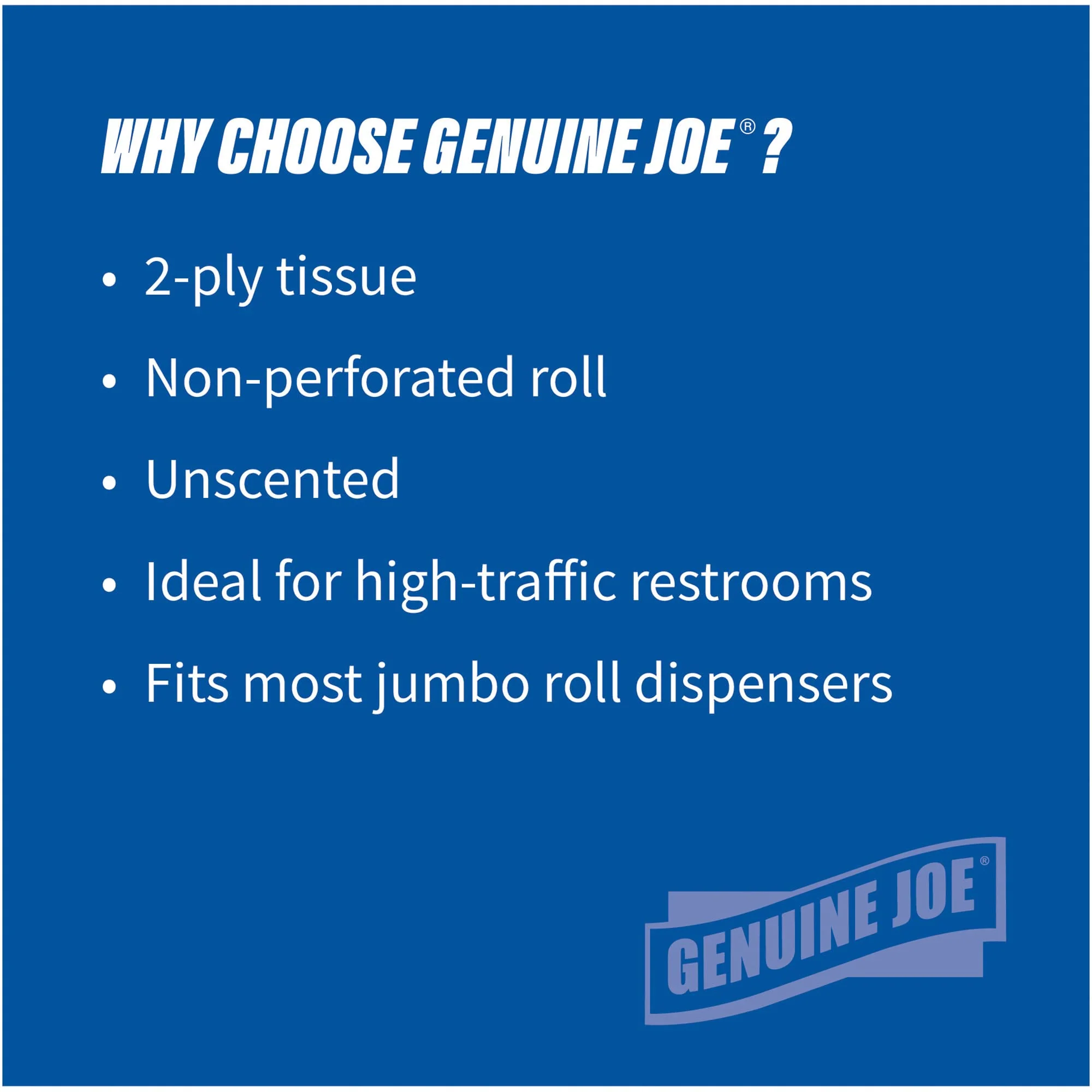 Genuine Joe Jumbo Roll Bath Tissue - 2-Ply White Toilet Paper, 3.3" x 650' per Roll, 12 Count Bulk Pack, Recycled Fiber, Commercial Grade for Dispensers - Image 4