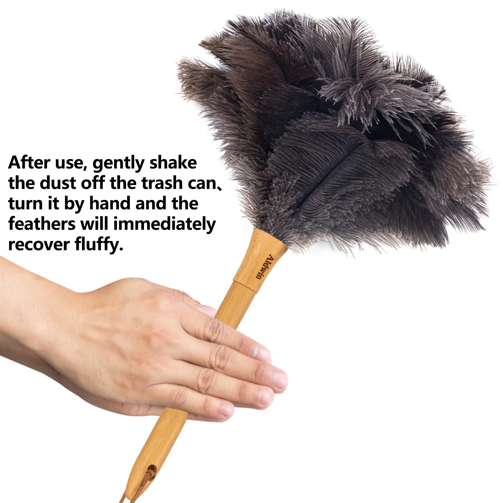 Genuine Ostrich Feather Duster, 16 inch Gray Ostrich Feather Duster with Wood Handle, Reusable Car Dusters, Eco-Friendly Handheld Cleaning Dusters for Home, Office and Kitchen - Image 3