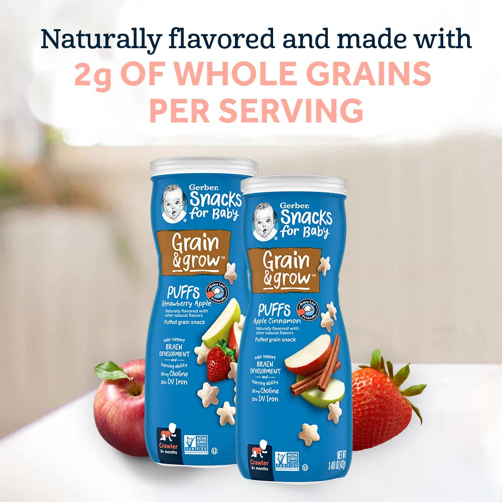 Gerber Baby Snacks Puffs Variety Pack, Banana & Strawberry Apple, 1.48 Ounce - 2 count of four packs, Package may vary, 1.48 Ounce (Pack of 8) - Image 7