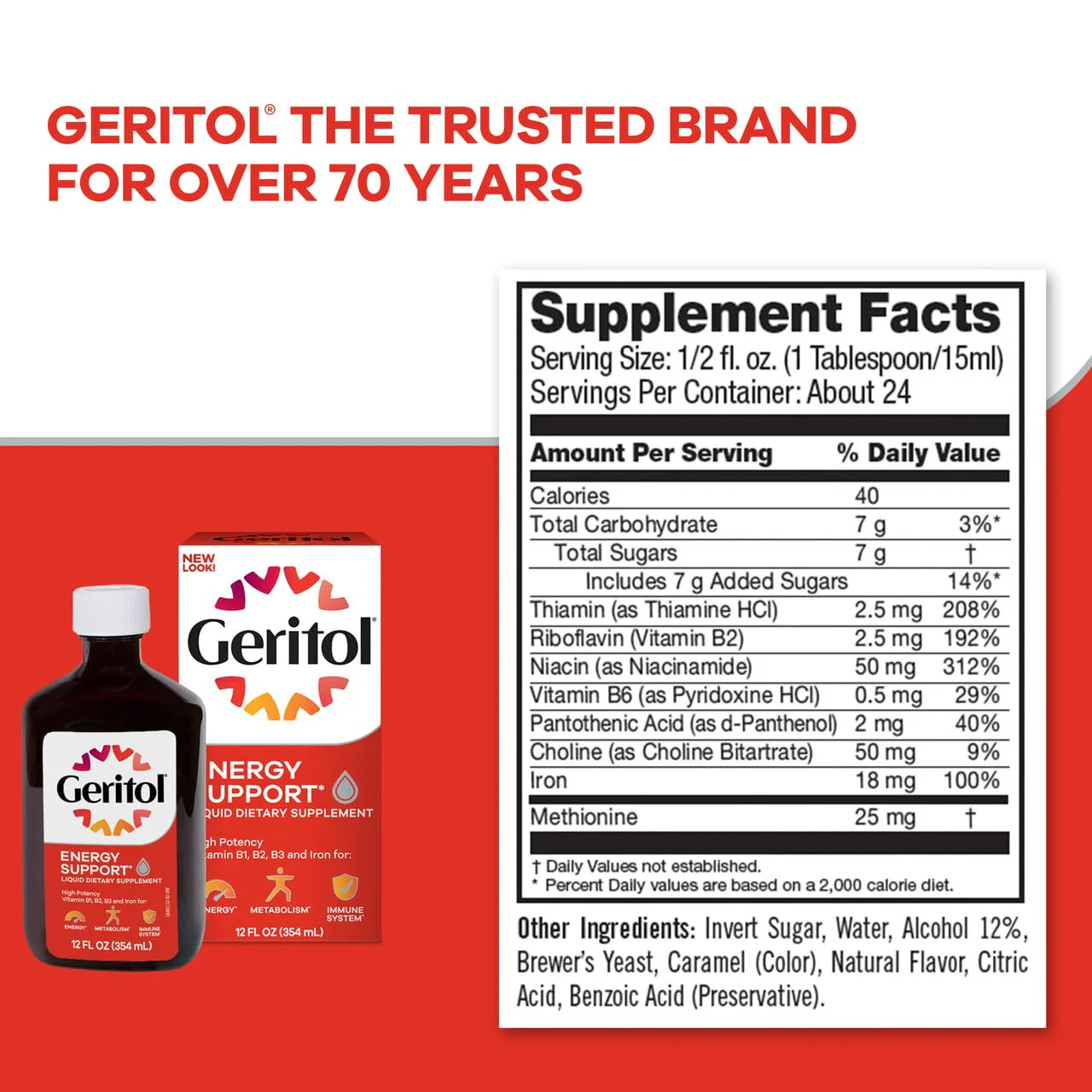 Geritol Liquid Vitamin and Iron Supplement, Energy Support, Contains High Potency B-Vitamins and Iron, Pleasant Tasting, Easy to Swallow, No Artificial Sweeteners, Non-GMO, 12 Oz - Image 6