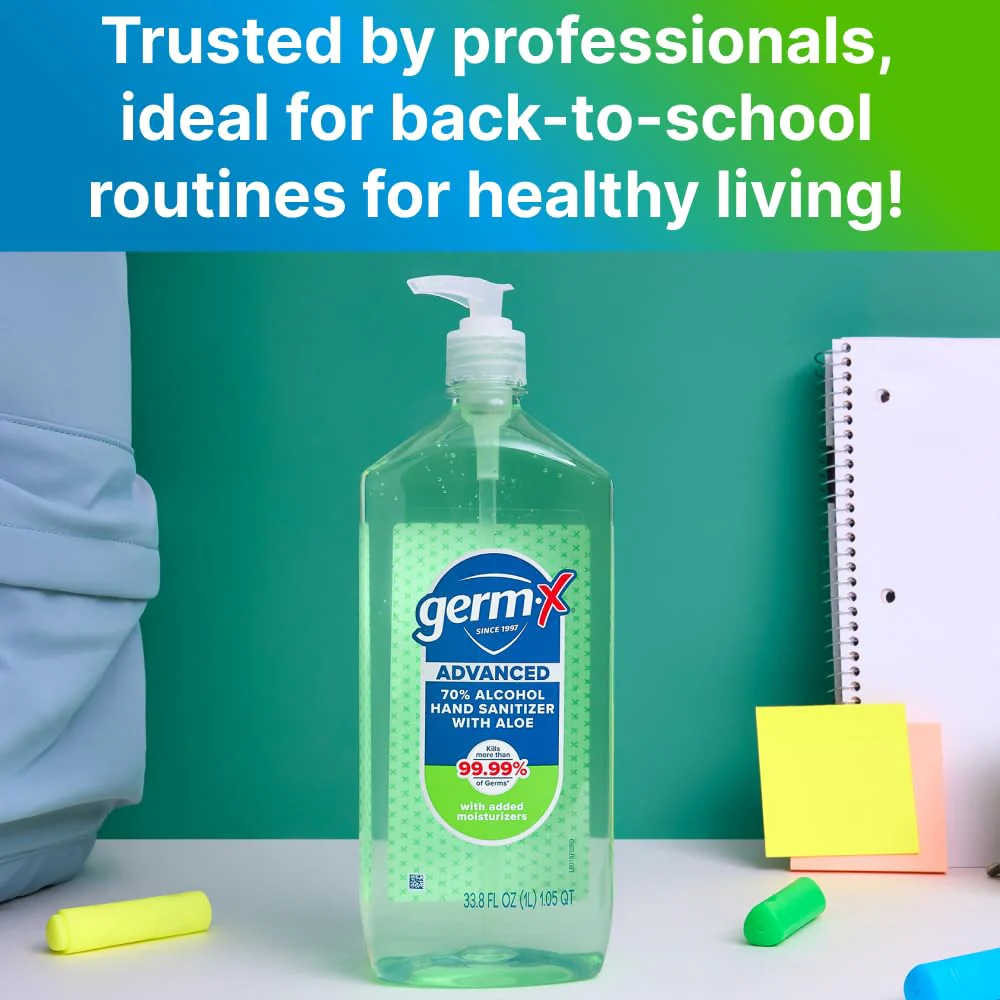 Germ-X Advanced Hand Sanitizer with Aloe and Vitamin E, 1 Liter, Less Drying Moisturizing Gel, No Rinse Formula, Pump Bottle - Image 2