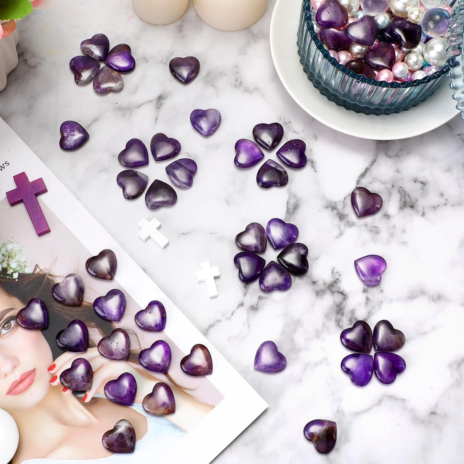 Gerrii 50 Pcs Heart Healing Stone Bulk Quartz Heart Inspirational Stones Gift for Women Love Pocket Polished Natural Energy Balancing Meditation 0.8 Inch(Purple) - Image 2