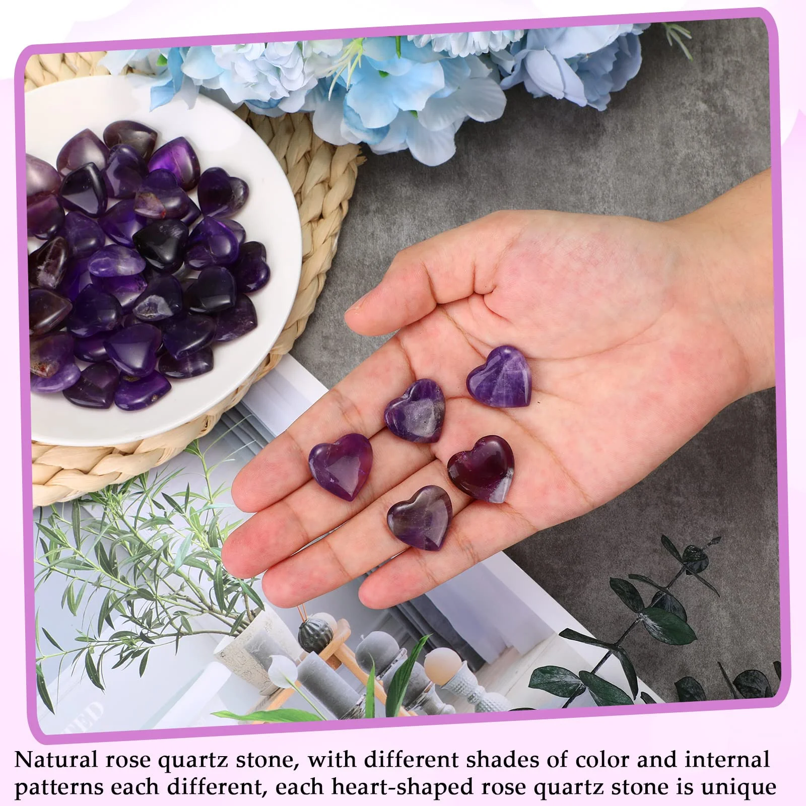 Gerrii 50 Pcs Heart Healing Stone Bulk Quartz Heart Inspirational Stones Gift for Women Love Pocket Polished Natural Energy Balancing Meditation 0.8 Inch(Purple) - Image 5