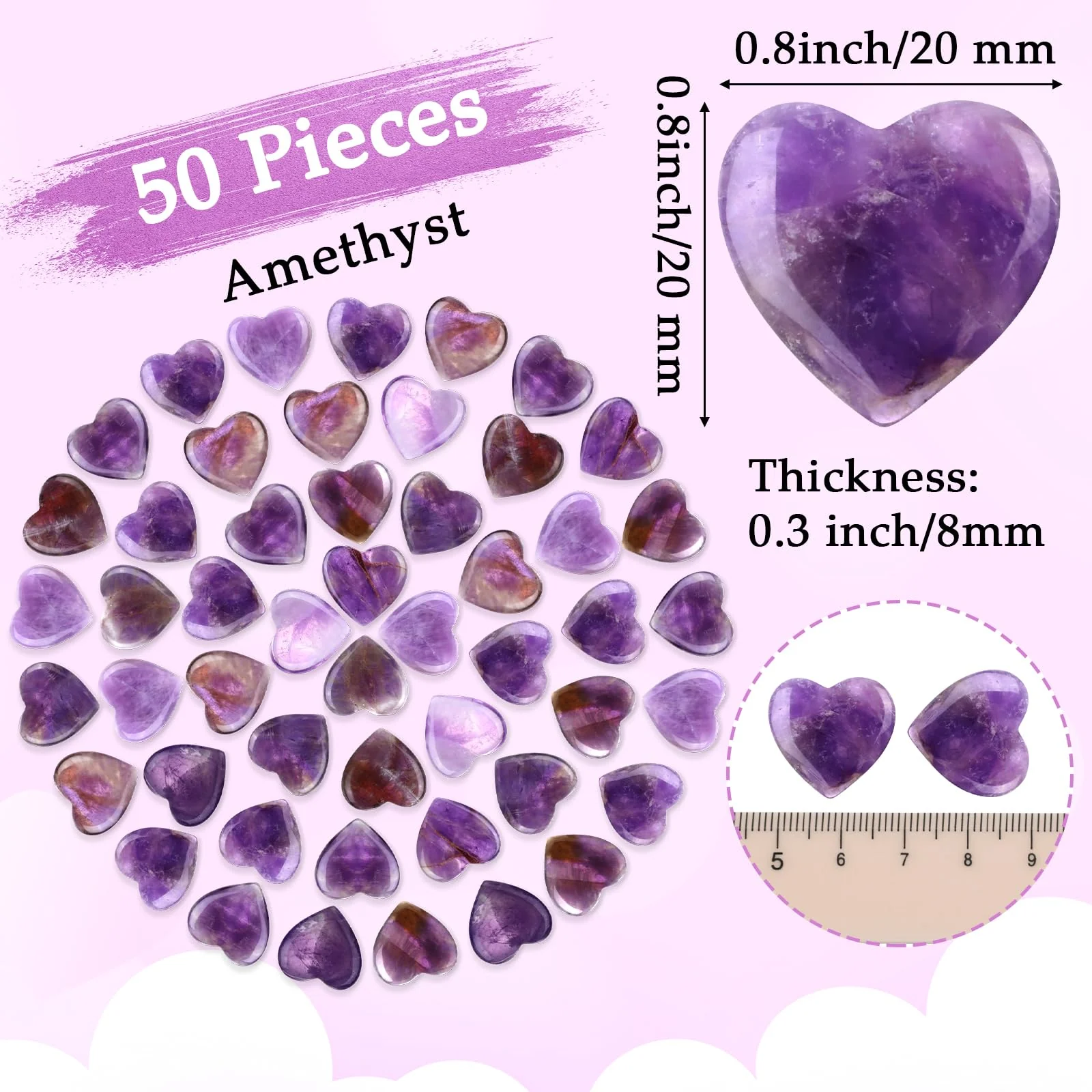 Gerrii 50 Pcs Heart Healing Stone Bulk Quartz Heart Inspirational Stones Gift for Women Love Pocket Polished Natural Energy Balancing Meditation 0.8 Inch(Purple) - Image 7