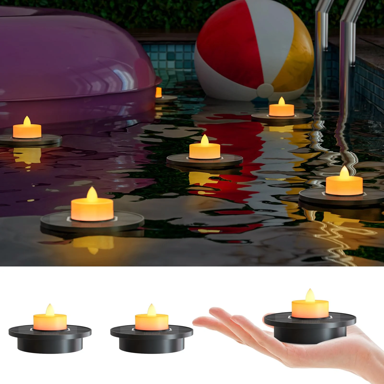 GGNOO Solar Floating Pool Lights, 3-Pack Solar-Powered Float Candles Lamps Tea Light for Pond Party Garden Backyard Outdoor Decor