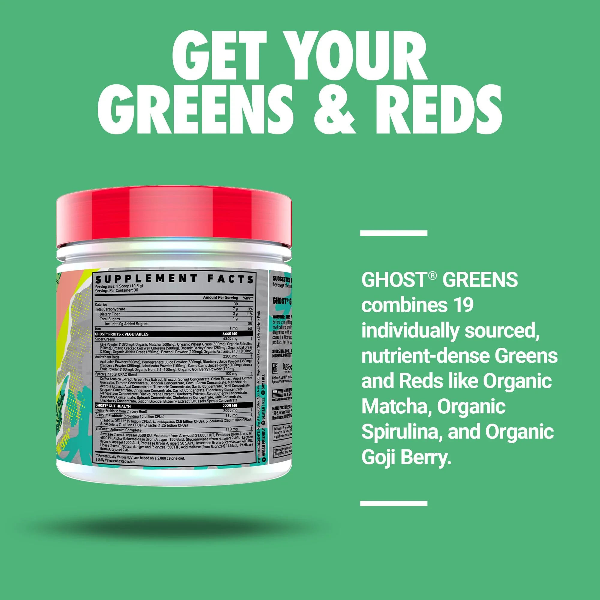 GHOST Greens Powder, Guava Berry - 30 Servings - 19 Superfood Greens & Reds Powder, Fruits, Vegetables, Spirulina, & Chlorella, Prebiotics, 10 Billion CFU Probiotic & Digestive Enzymes - Gluten-Free - Image 5