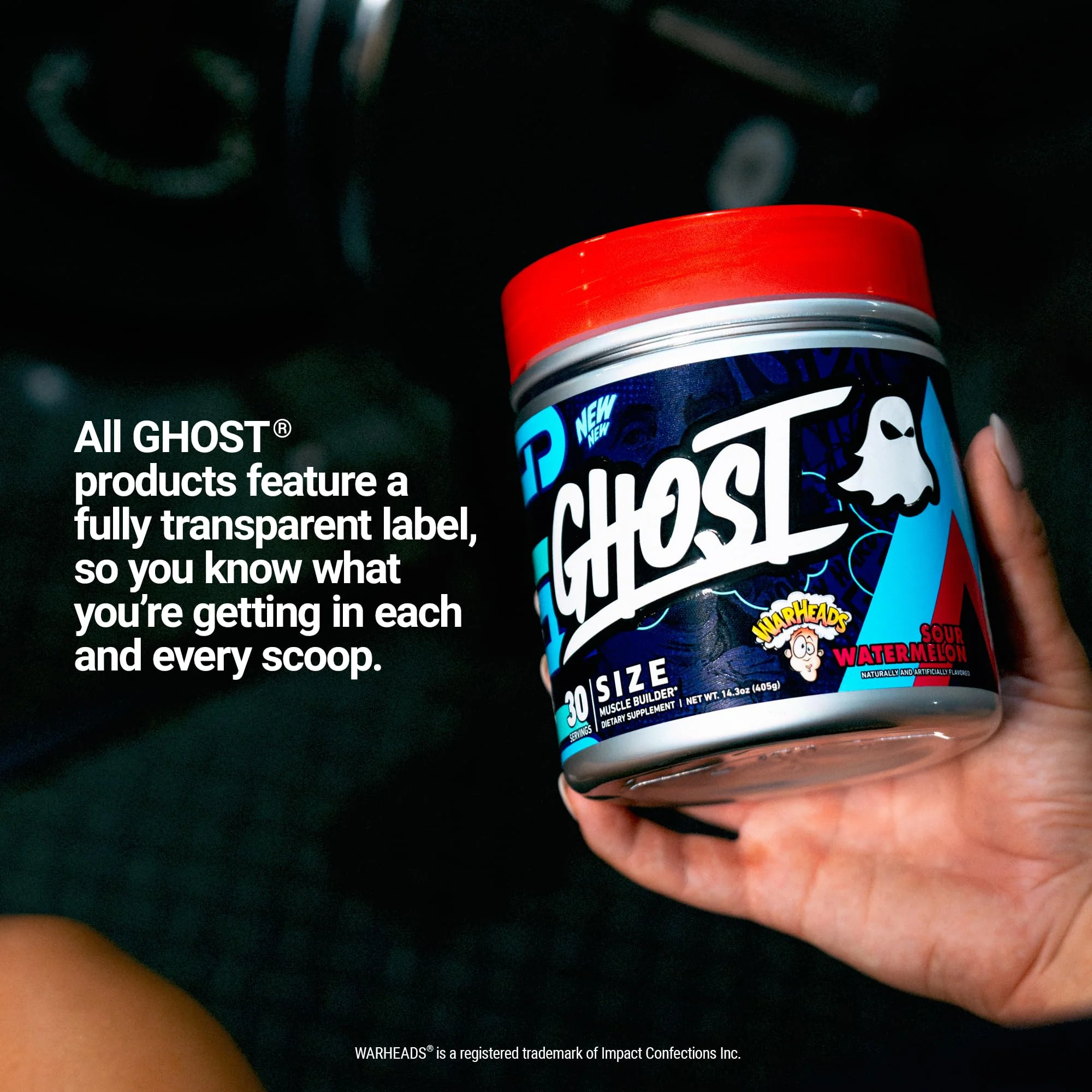 GHOST Size Muscle Builder Dietary Supplement - Warheads Sour Watermelon, 30 Servings – Support Muscle Growth & Strength Building for Men & Women - Creatine & Betaine - Free of Sugar & Gluten - Image 3