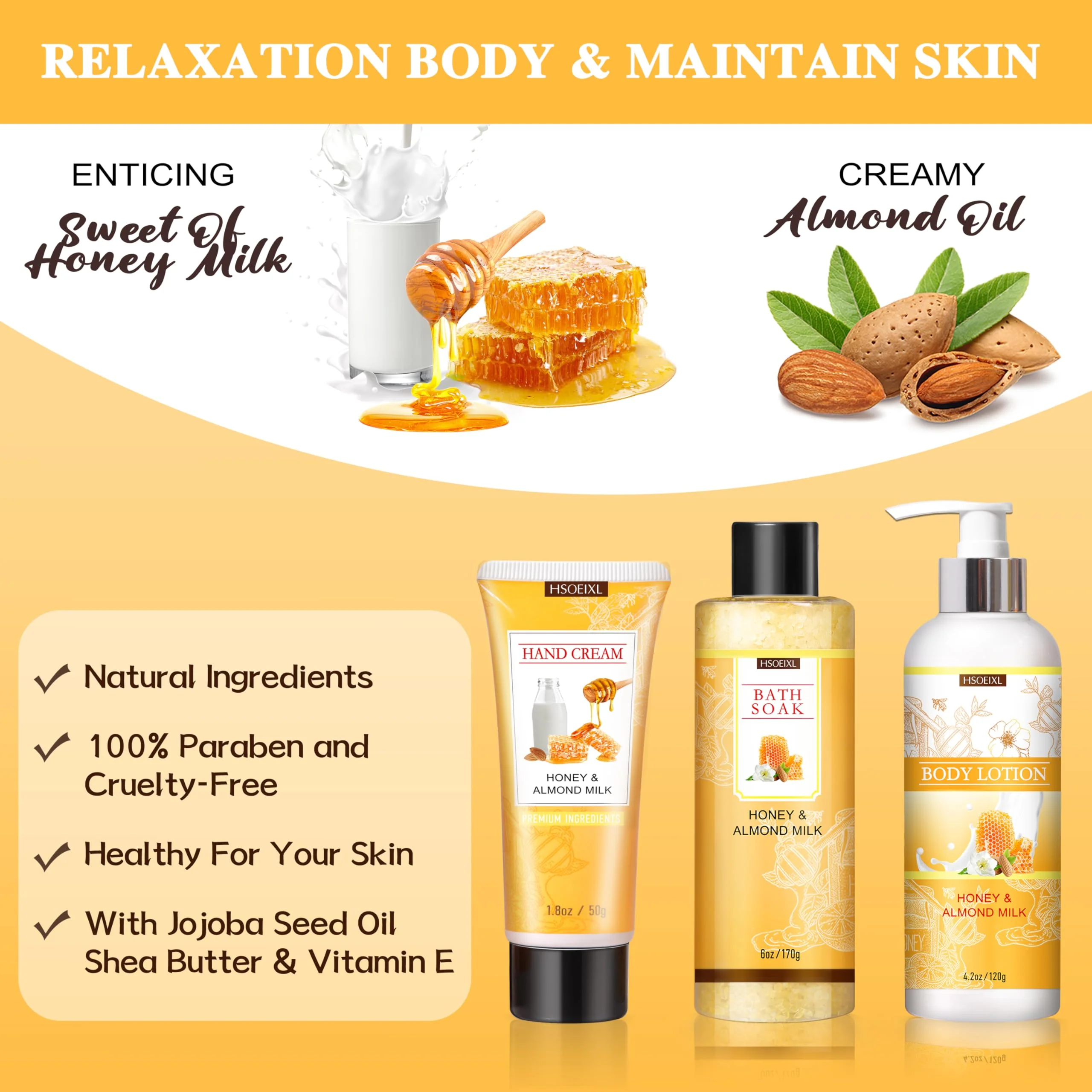 Gifts for Women, Birthday Gifts for Women, 9 Pc Almond Milk & Honey Bath and Body Gifts Set, Self Care Gifts Spa Gifts Basket, Relaxing Bath Sets for Mom, Girlfriend, Sister, Female Friends, Coworker - Image 4