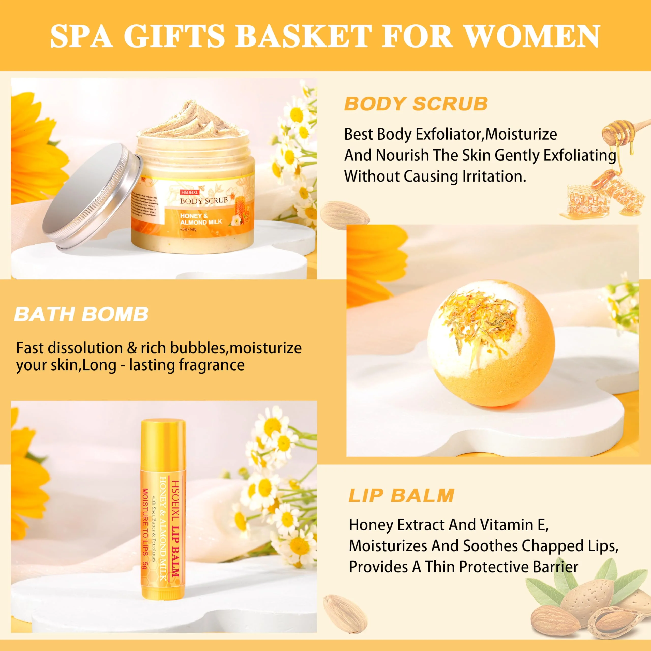 Gifts for Women, Birthday Gifts for Women, 9 Pc Almond Milk & Honey Bath and Body Gifts Set, Self Care Gifts Spa Gifts Basket, Relaxing Bath Sets for Mom, Girlfriend, Sister, Female Friends, Coworker - Image 5