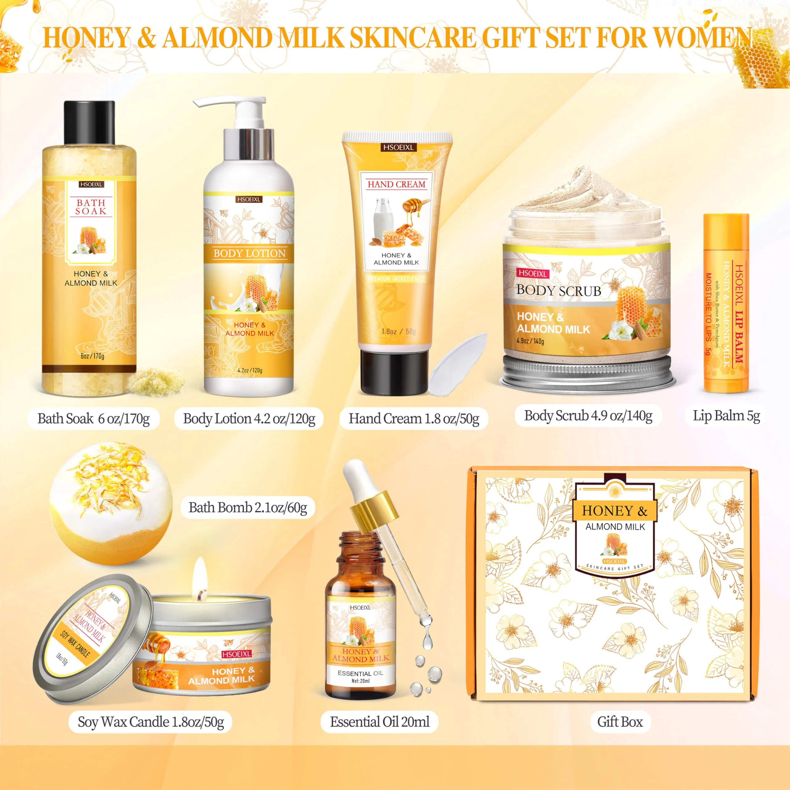 Gifts for Women, Birthday Gifts for Women, 9 Pc Almond Milk & Honey Bath and Body Gifts Set, Self Care Gifts Spa Gifts Basket, Relaxing Bath Sets for Mom, Girlfriend, Sister, Female Friends, Coworker - Image 7