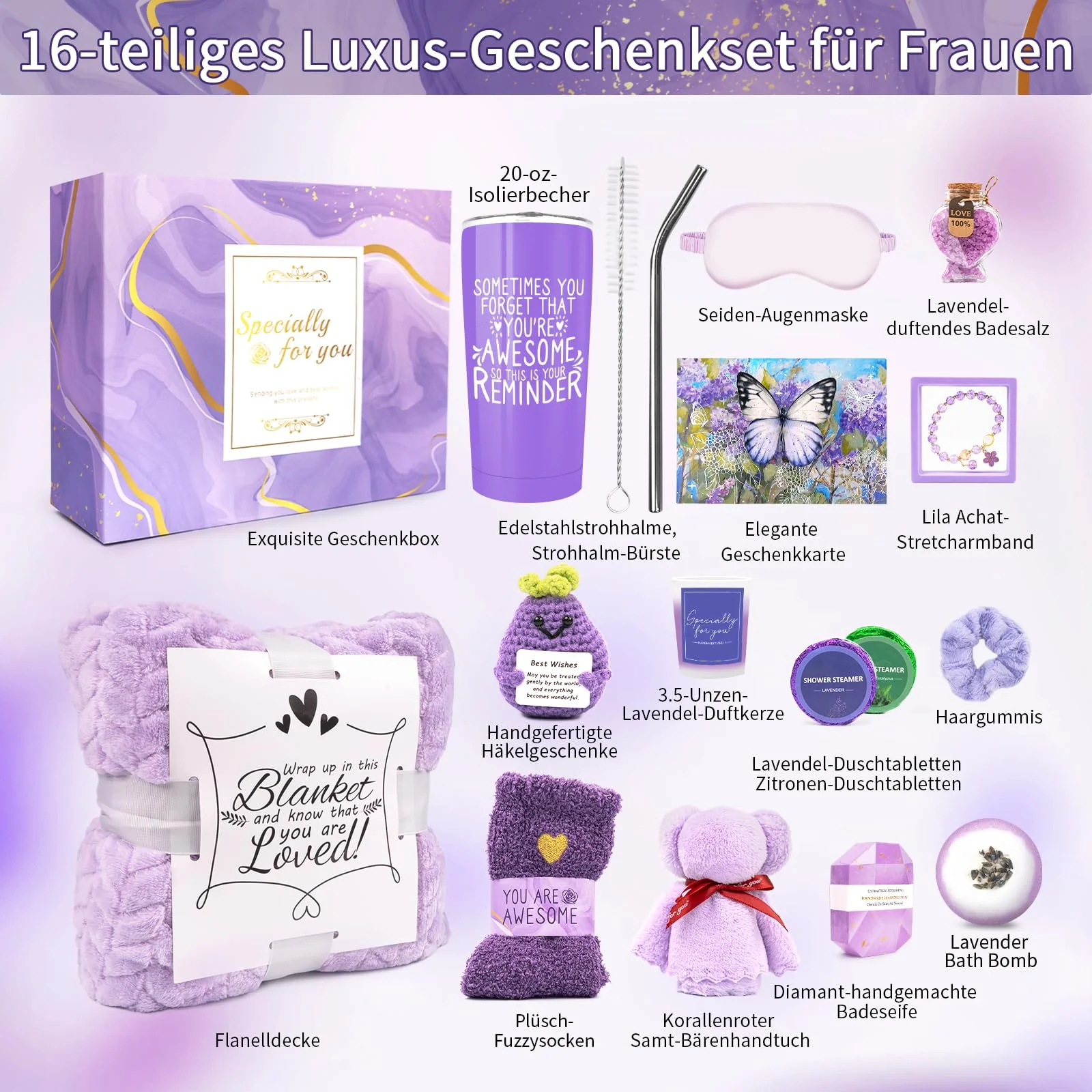 Gifts for Women Spa Basket, Lavender Spa Gift Basket,16 Pcs Self Care Package for Women, Mom, Wife, Girlfriend, Sister, Unique Get Well Sets for Birthday, Mother's Day, Christmas, Valentine's Day - Image 7