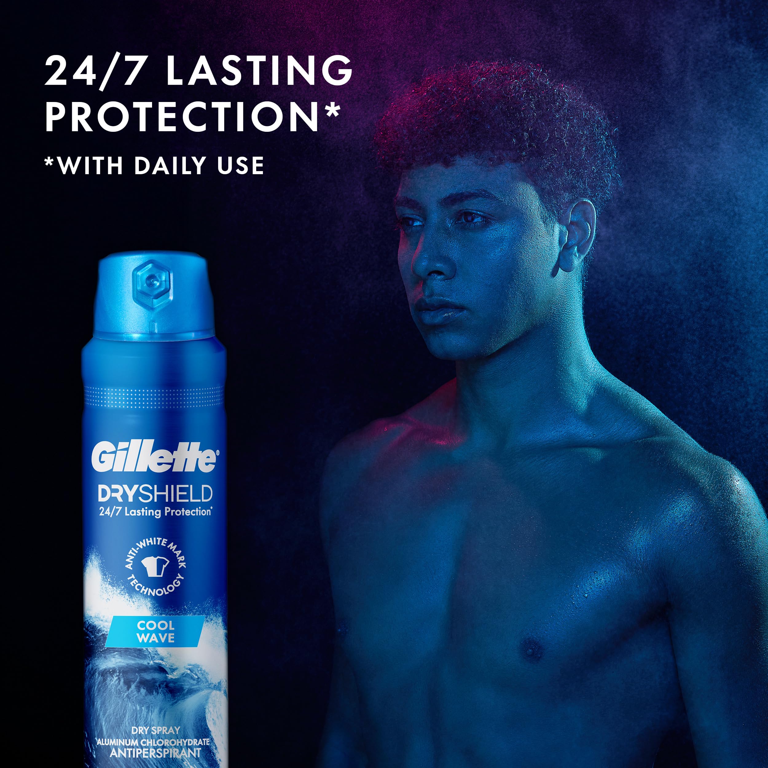 Gillette Dry Spray Antiperspirant and Deodorant for Men, 24/7 Sweat & Odor Protection, Anti-White Mark Technology, Cool Wave Scent, 4.3 oz (Pack of 3) - Image 3