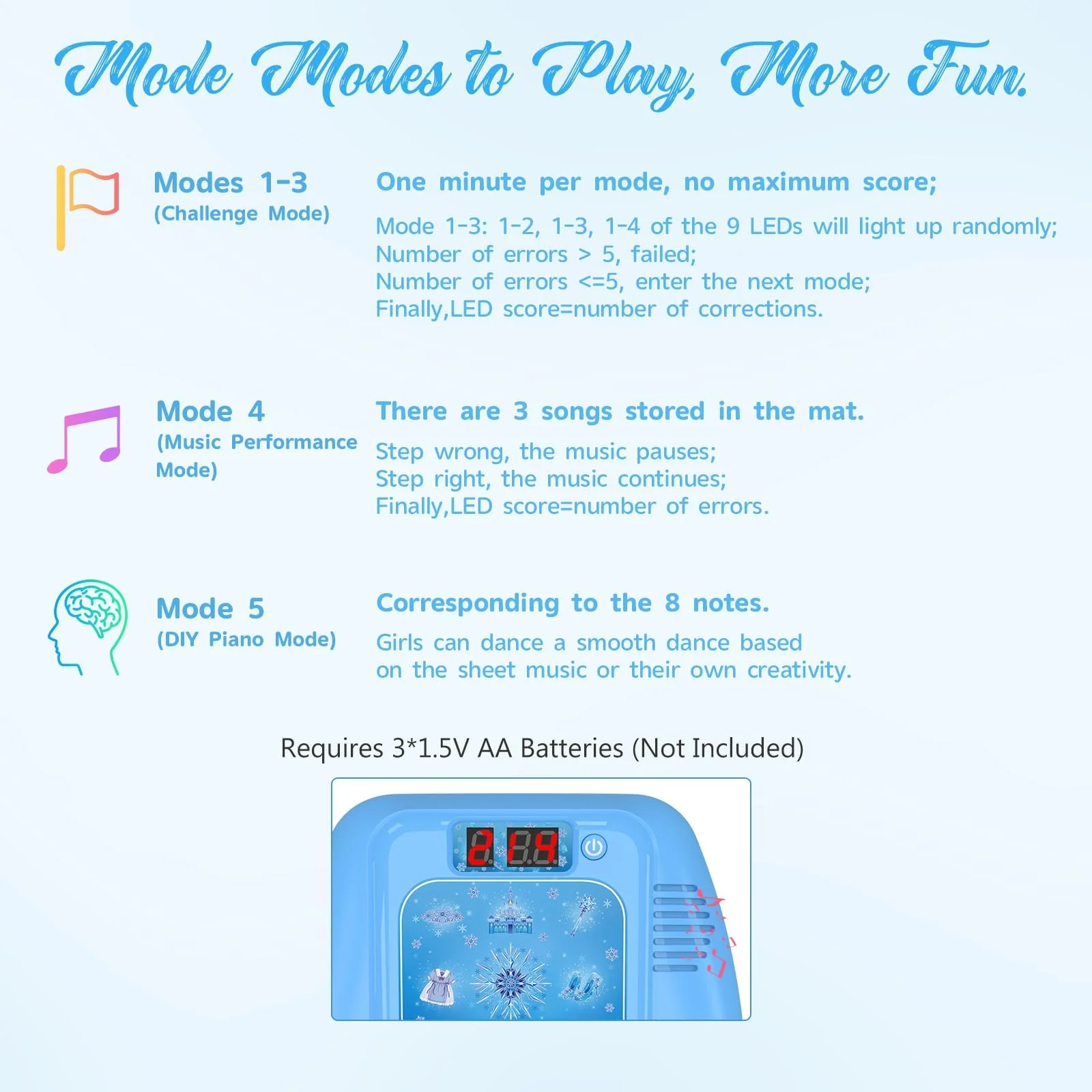 GirlsHome Dance Mat - Frozen Toys for Girls Electronic Dance Pad with 5 Game Modes, Built-in Music, Touch Sensitive Light Up LED Kids Musical Mat, Christmas & Birthday Gift for Girls 3-13 - Image 6