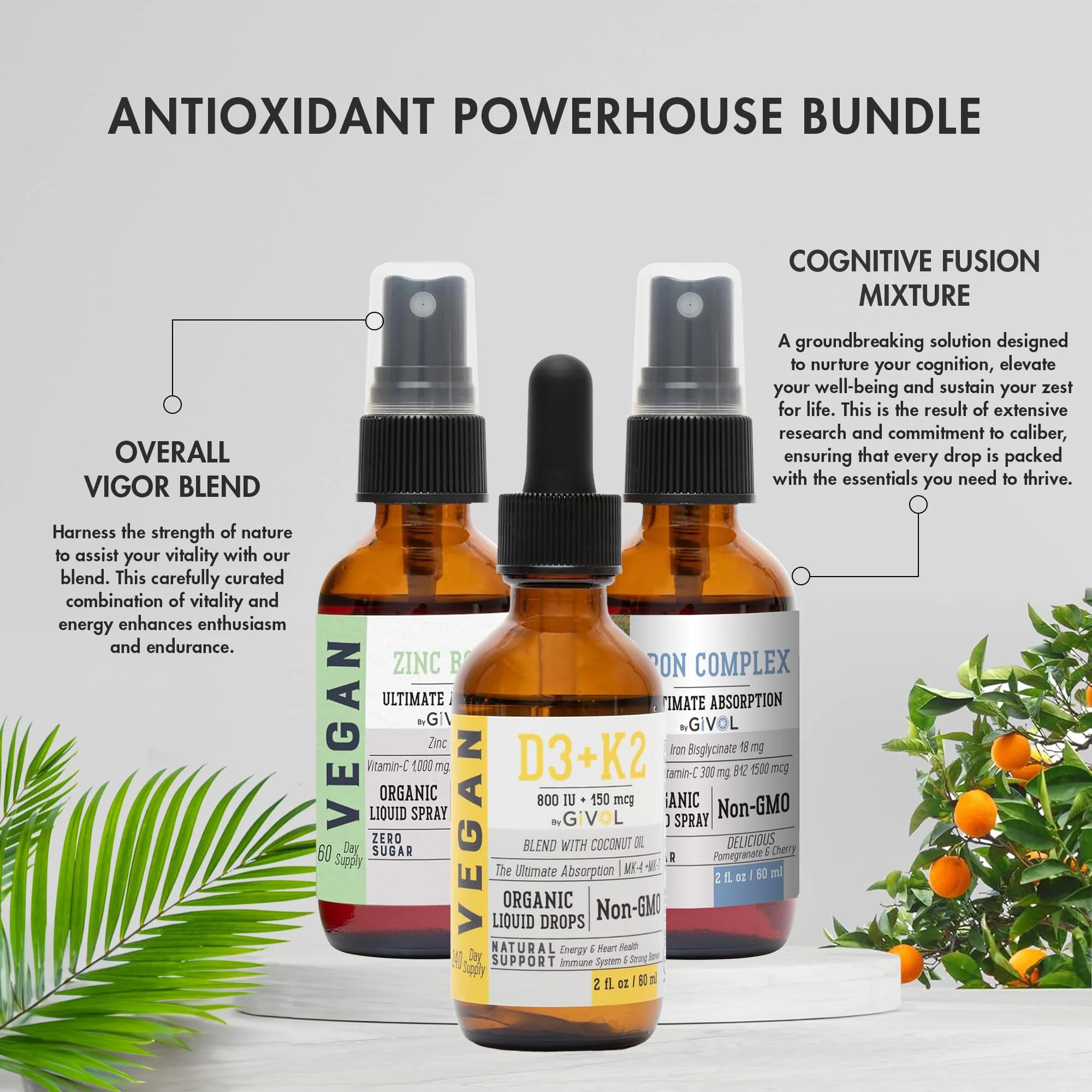 GIVOL Bone Support Bundle Liquid Spray - Iron Bisglycinate Complex, Zinc Picolinate, Vitamin D3 & K2 - Complete Multivitamin - Plant- Based, Non-GMO, Gluten Free, Sugar Free 2 Fl Oz (360 Days Supply) - Image 6