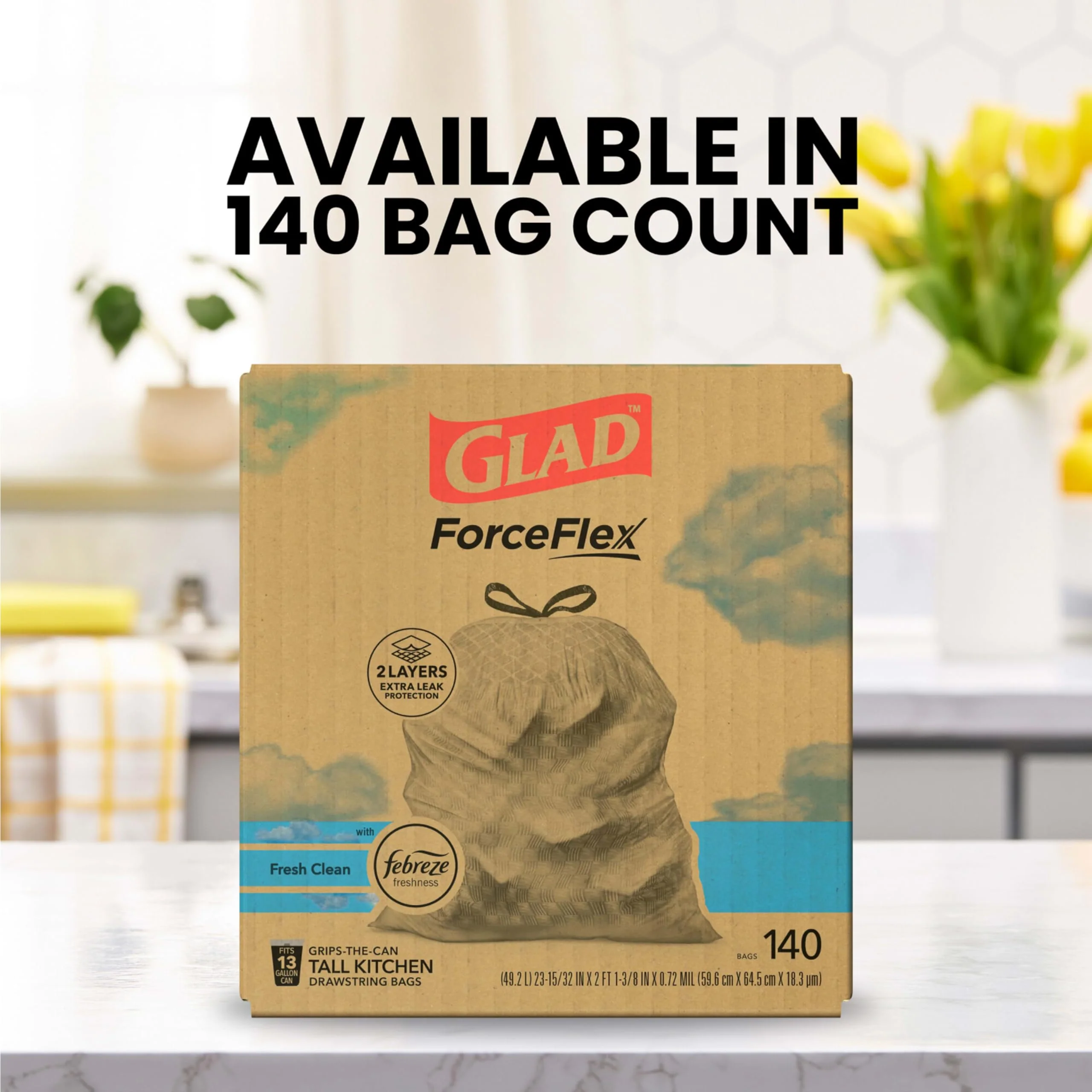 Glad ForceFlex Tall Kitchen Trash Bags, 13 Gallon, Fresh Clean, 140 Count (Package May Vary) - Image 6