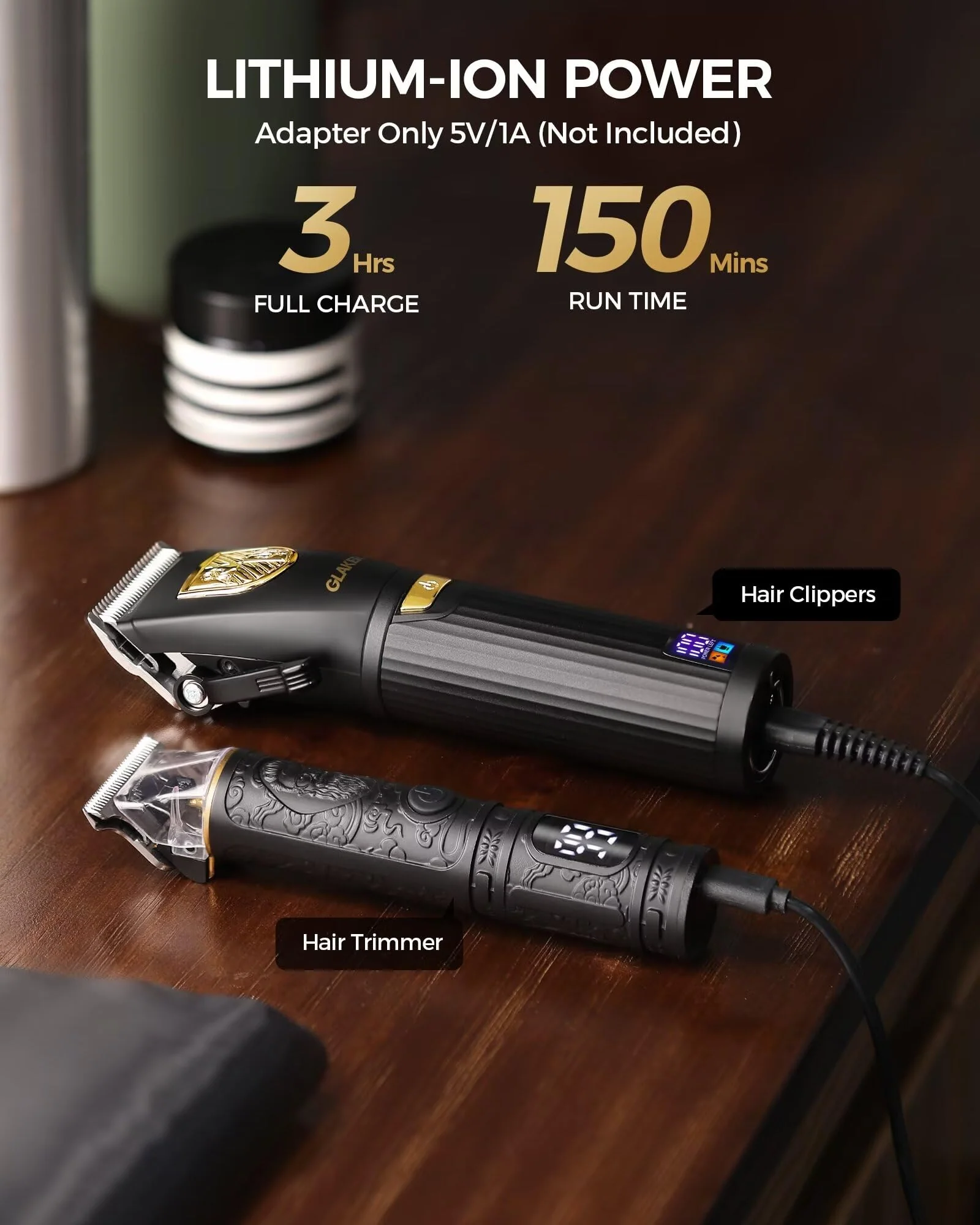 GLAKER Hair Clippers for Men,Professional Mens Hair Clippers Cordless Clippers for Hair Cutting,Precision Trimmer Kit Zero Gap Trimmer with LED Display 15 Guide Combs (Black+Gold) - Image 3