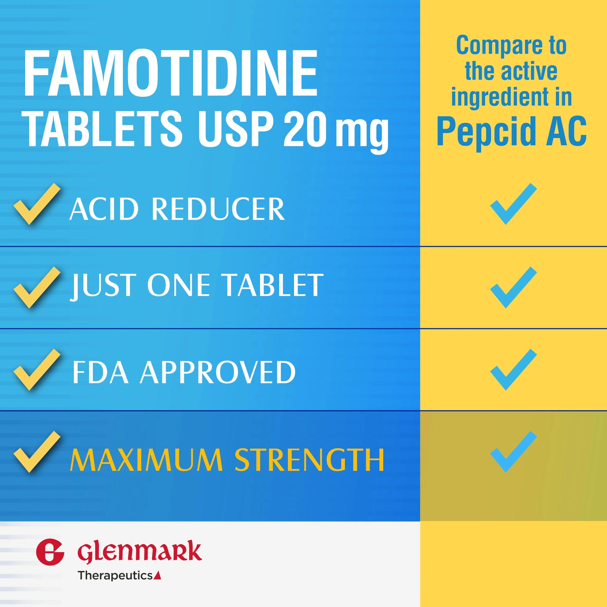Glenmark Maximum Strength Famotidine Tablets, 20 mg, Acid Reducer for Heartburn Relief, 200 Count - Image 3