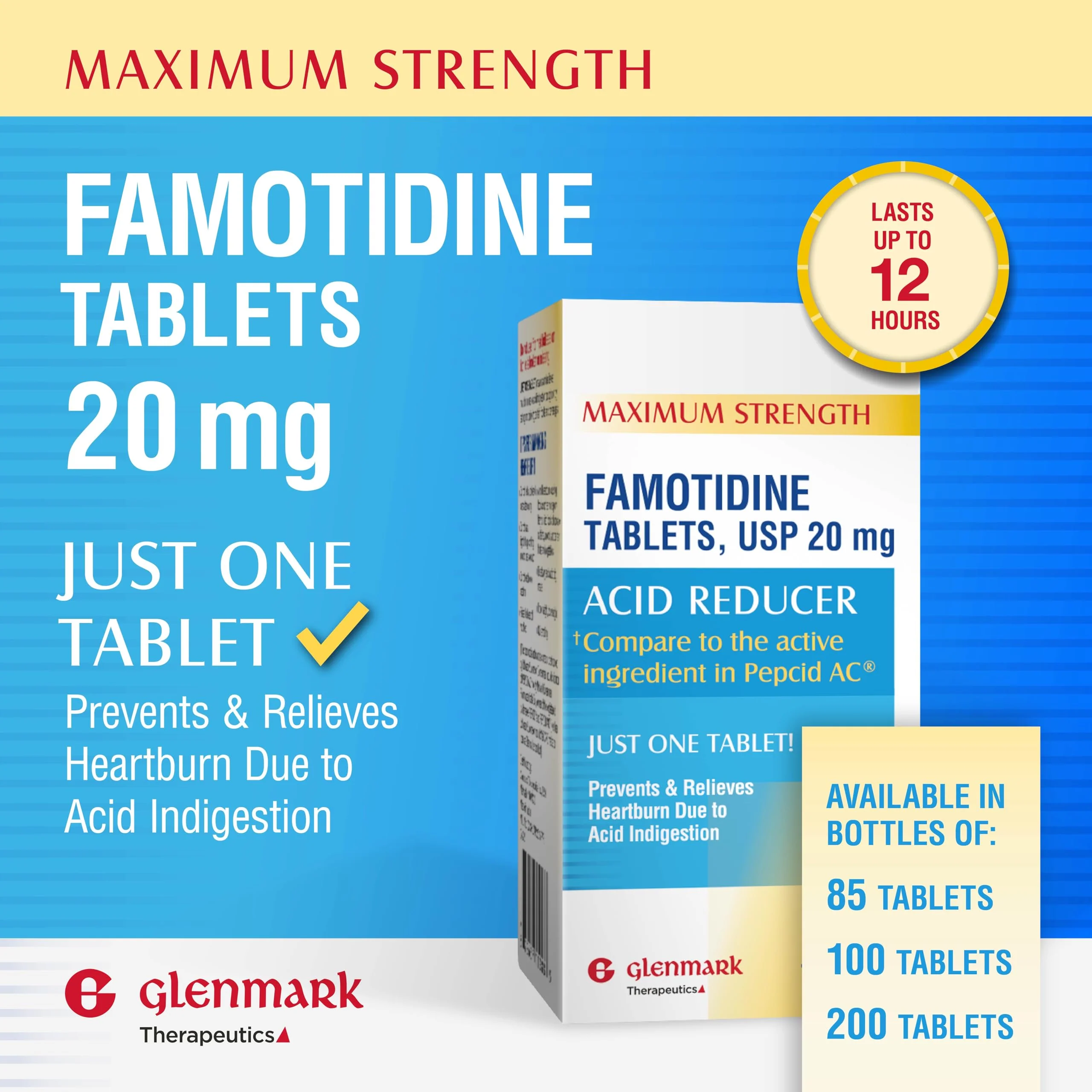 Glenmark Maximum Strength Famotidine Tablets, 20 mg, Acid Reducer for Heartburn Relief, 200 Count - Image 4